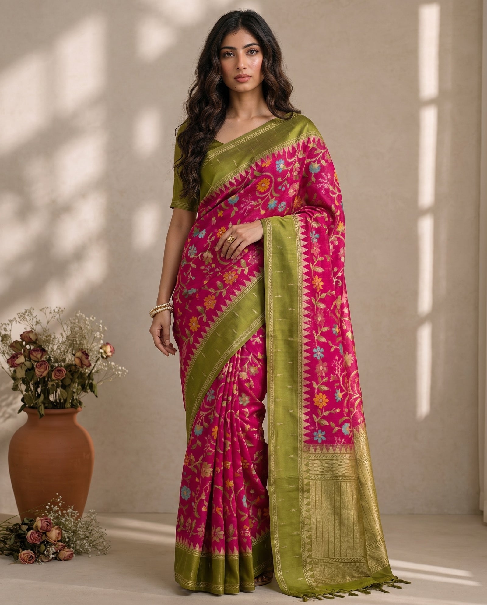 Full drape front view of the pink pure kosa tussar saree with olive green border