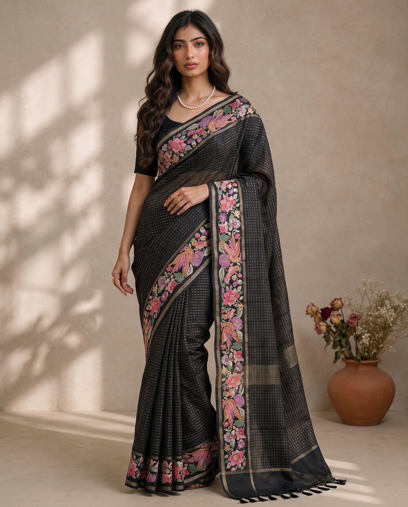 Black pure tussar saree draped, full front view