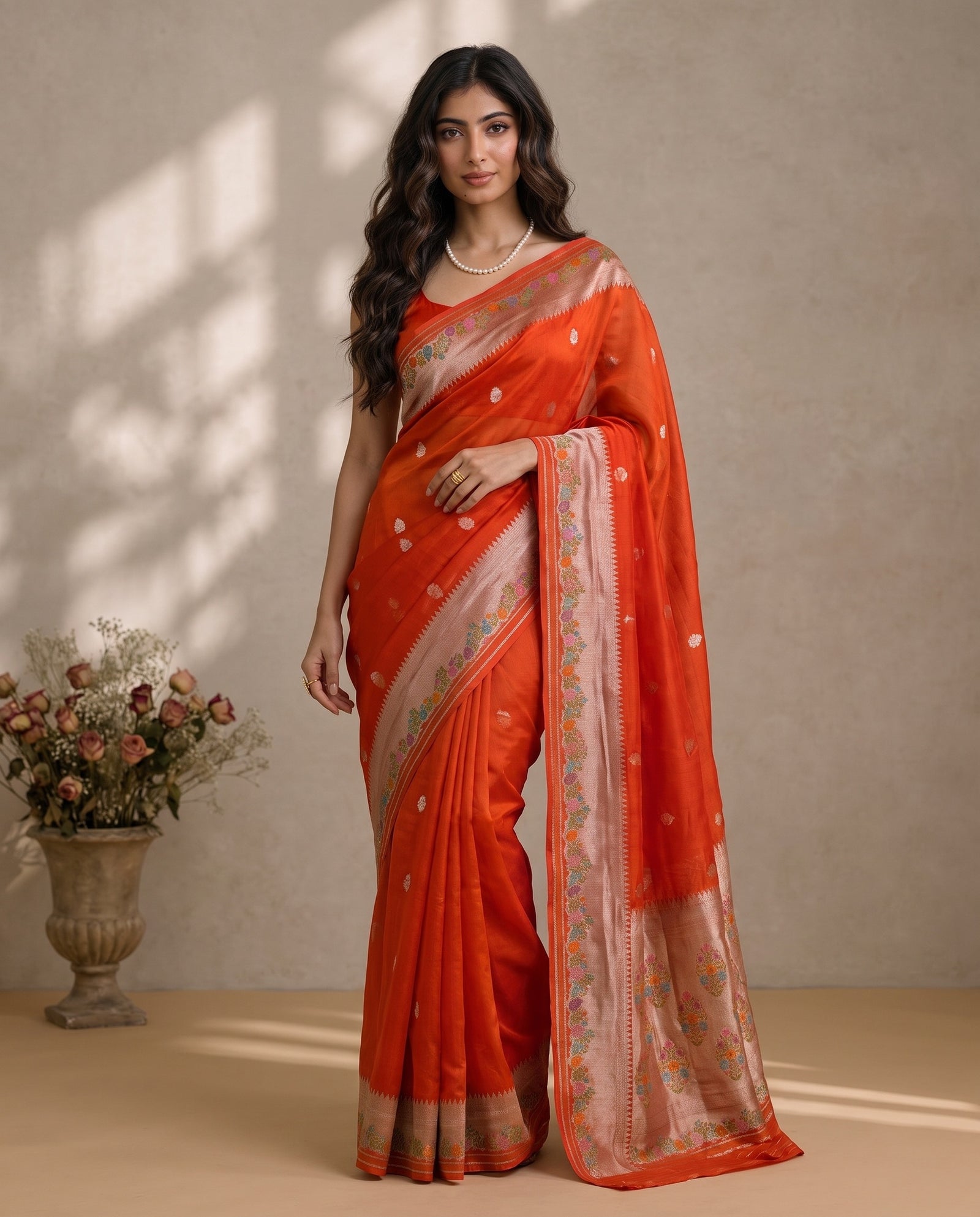 Full drape front view of orange pure kora meenakari saree