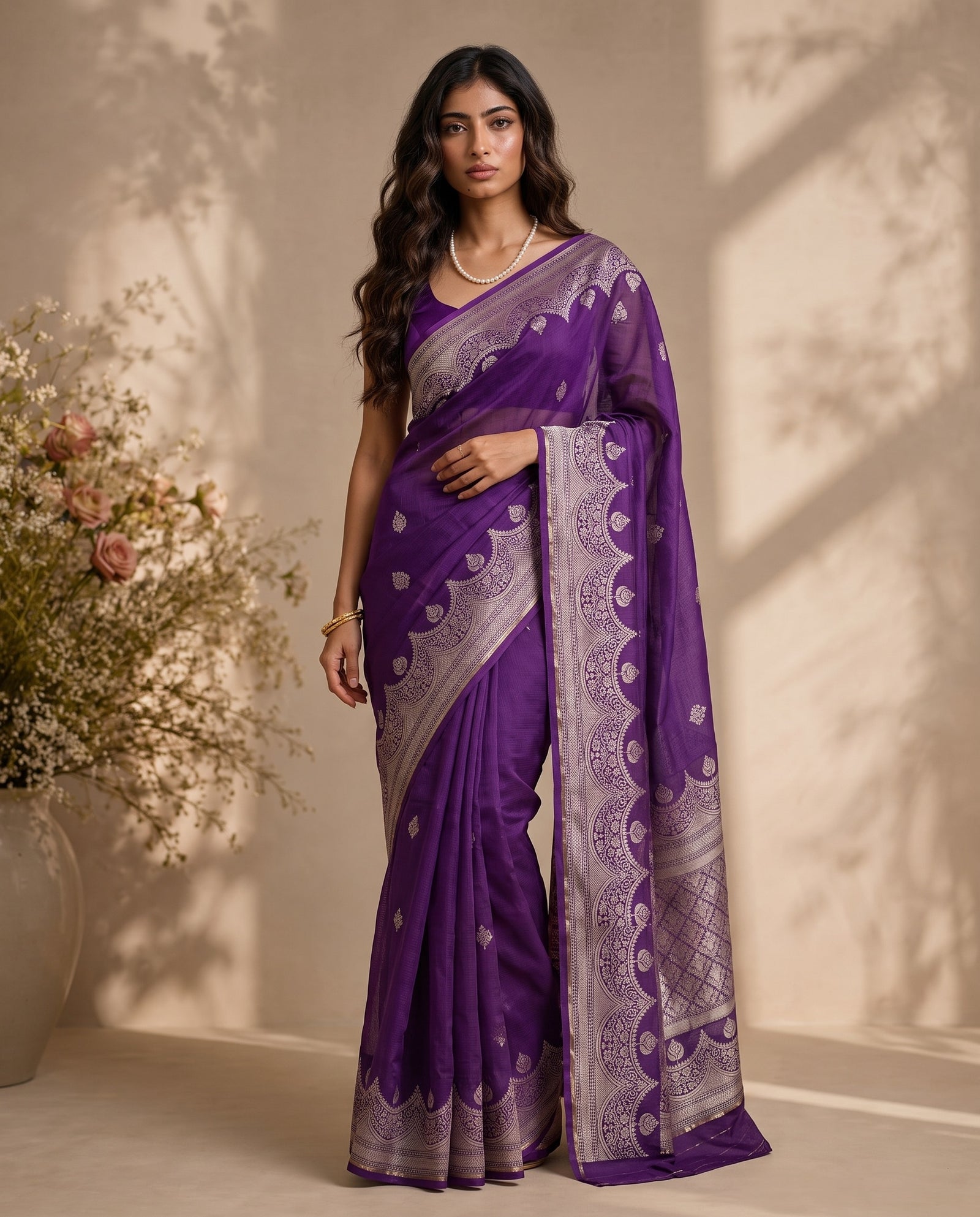 Full front drape of purple pure Manipuri Kota saree