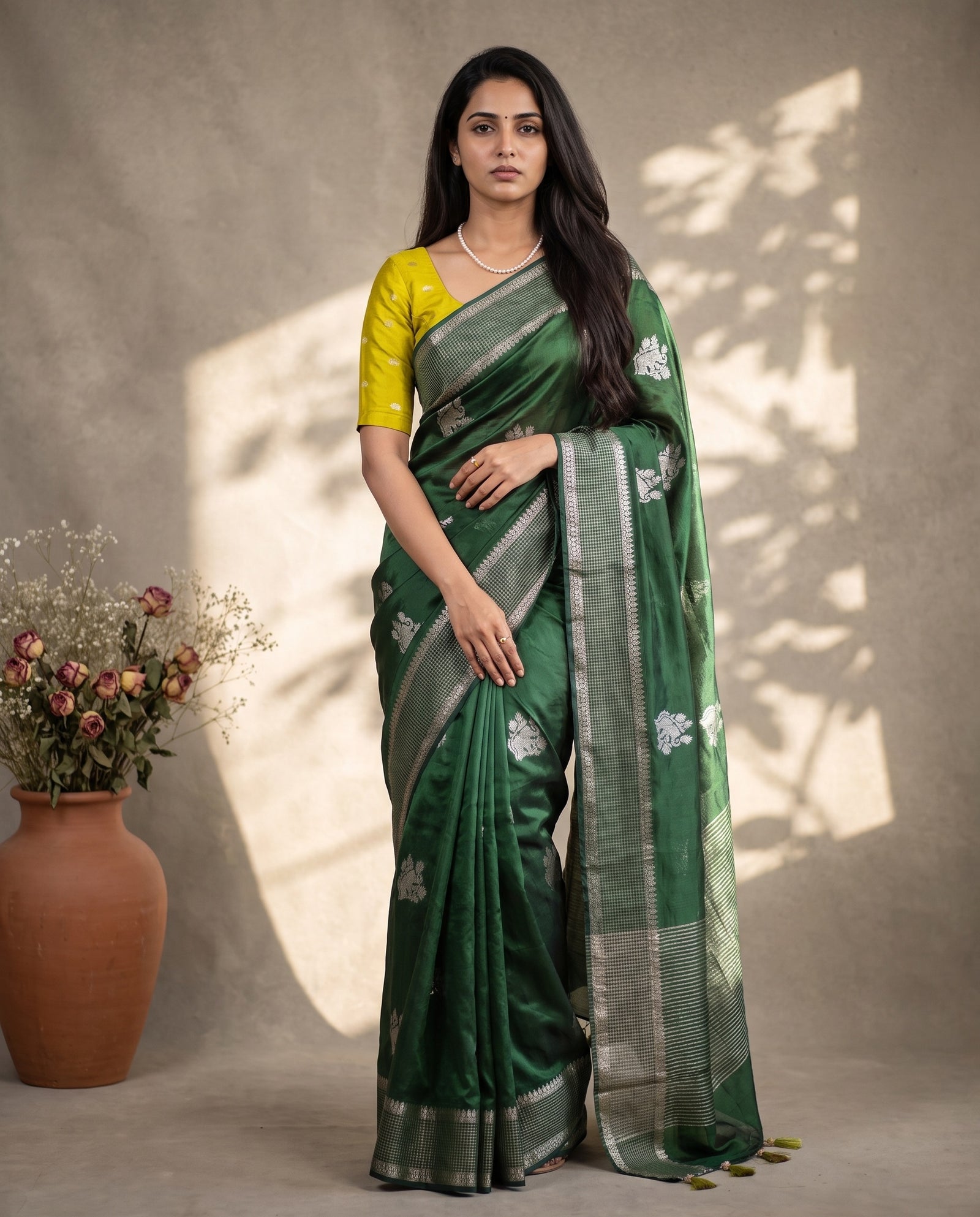 Full drape view of green pure HO silk saree