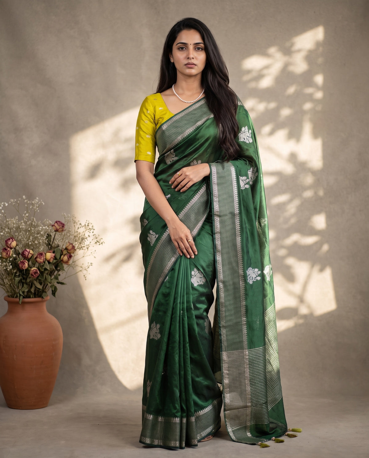 Full drape view of green pure HO silk saree