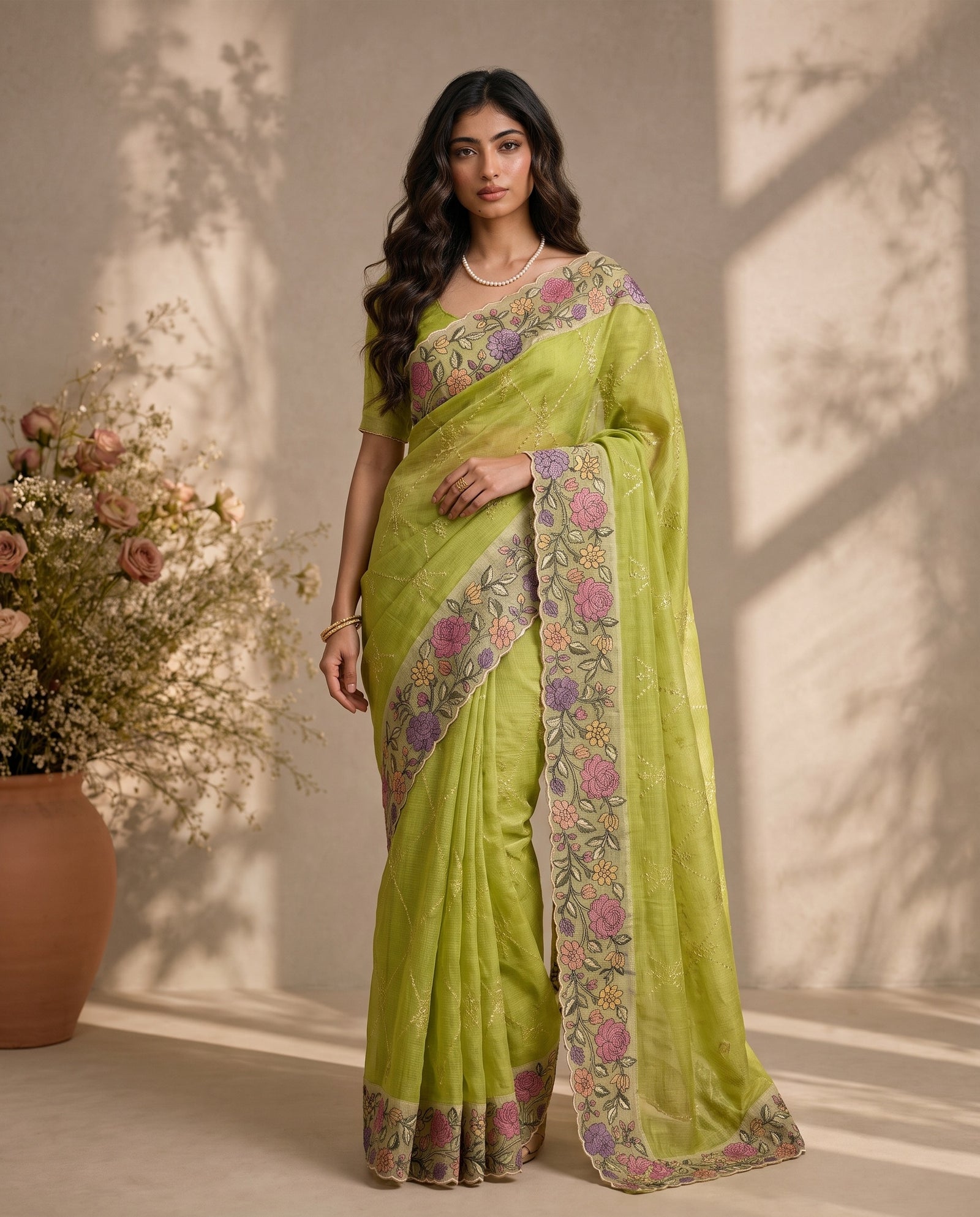 Pure kota silk saree in green with thread work jaal, full drape front view