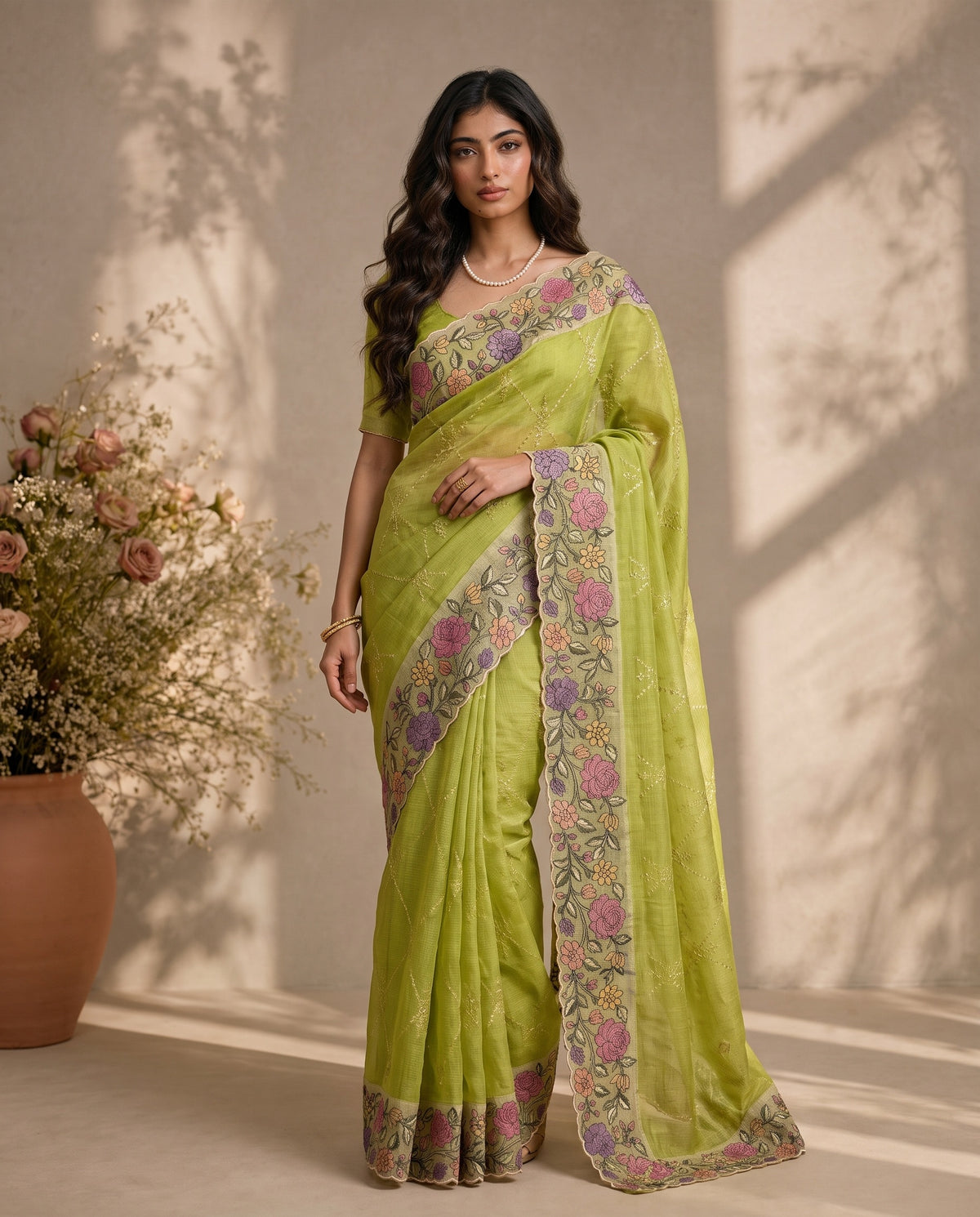 Pure kota silk saree in green with thread work jaal, full drape front view