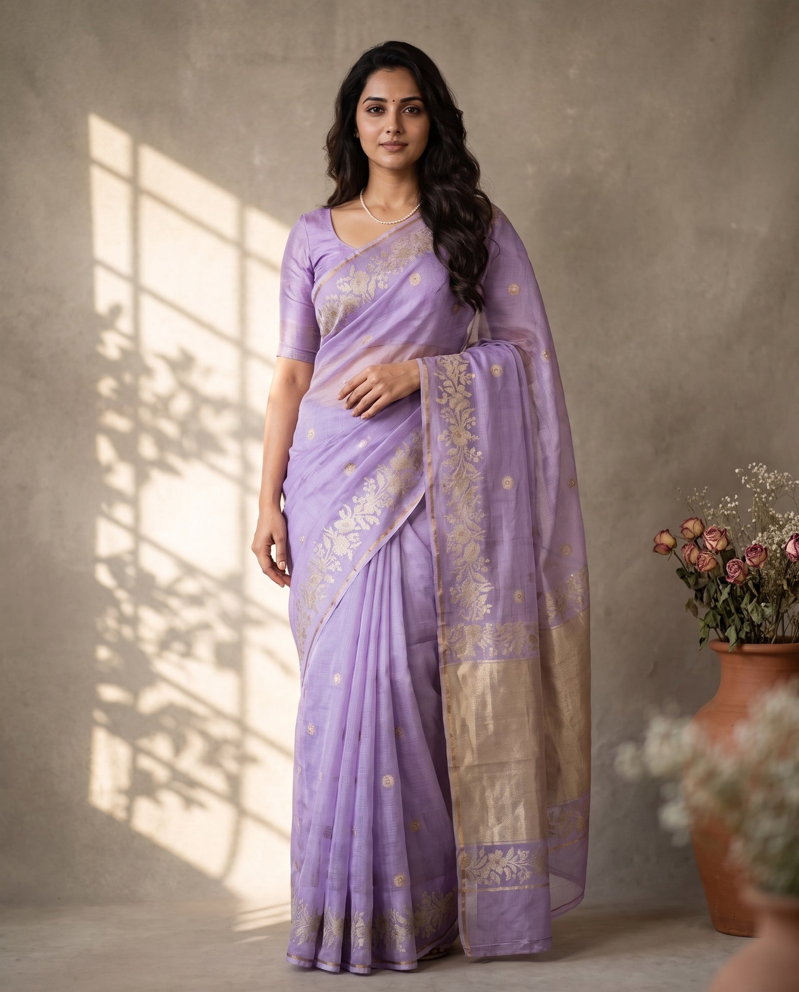 Full front drape of lavender pure Manipuri kota saree