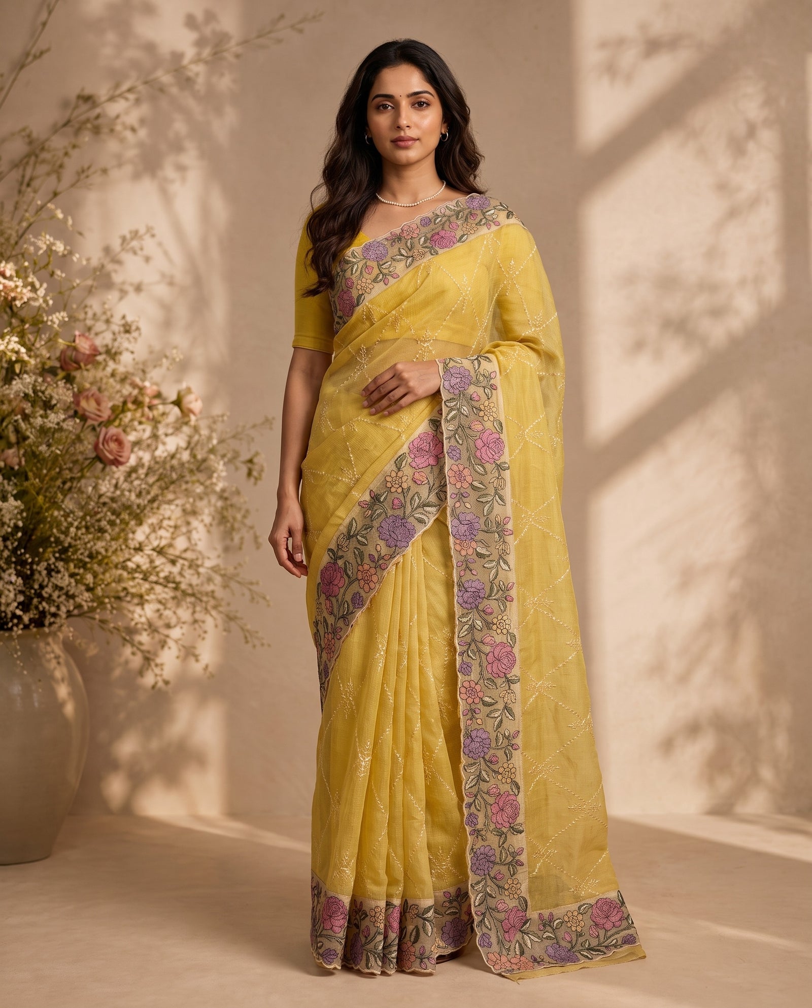Full drape front view of yellow pure kota silk saree with embroidered border