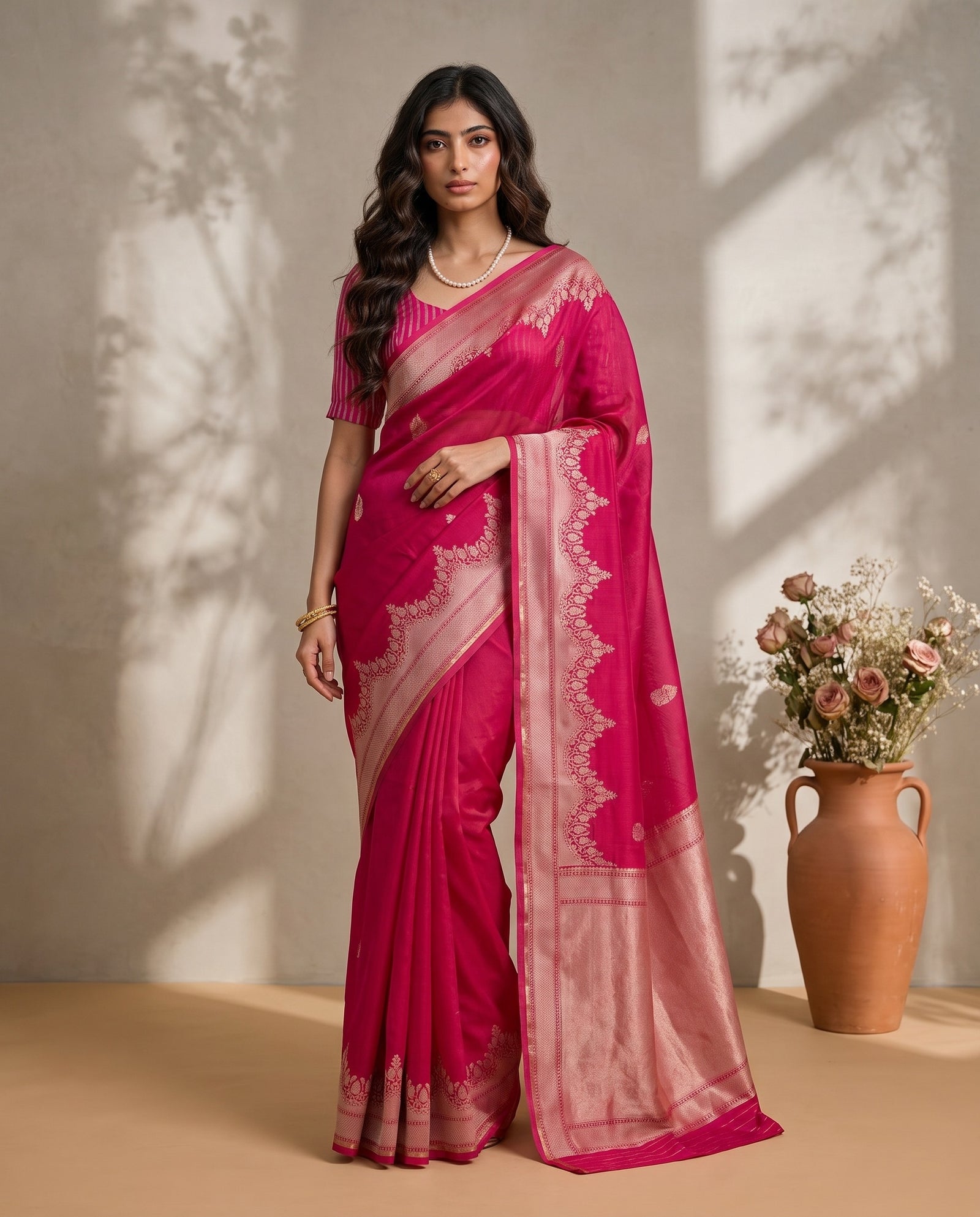 Full drape front view of pink pure kora organza saree with zari border
