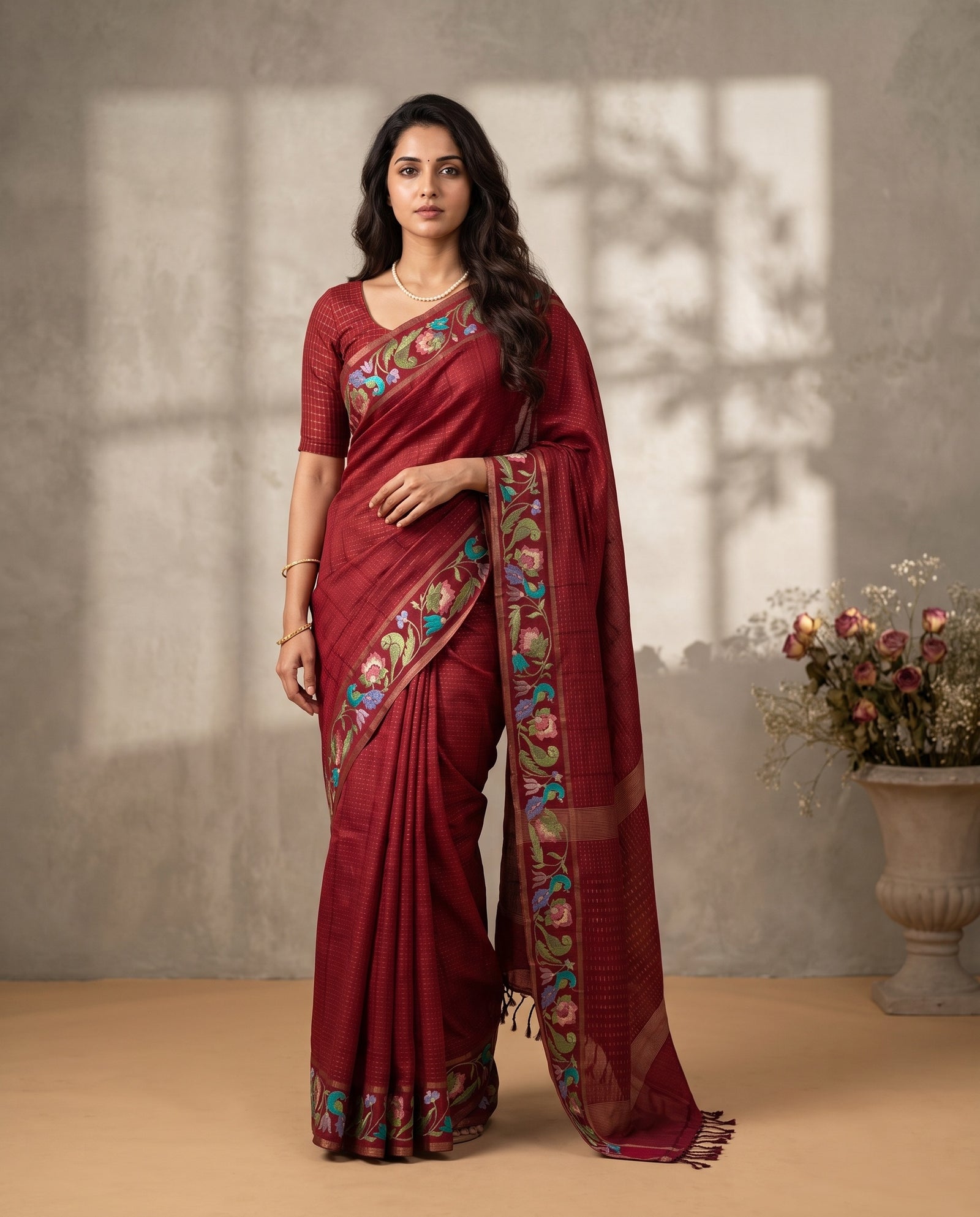 Full drape front view of deep pink pure Kosa Tussar saree