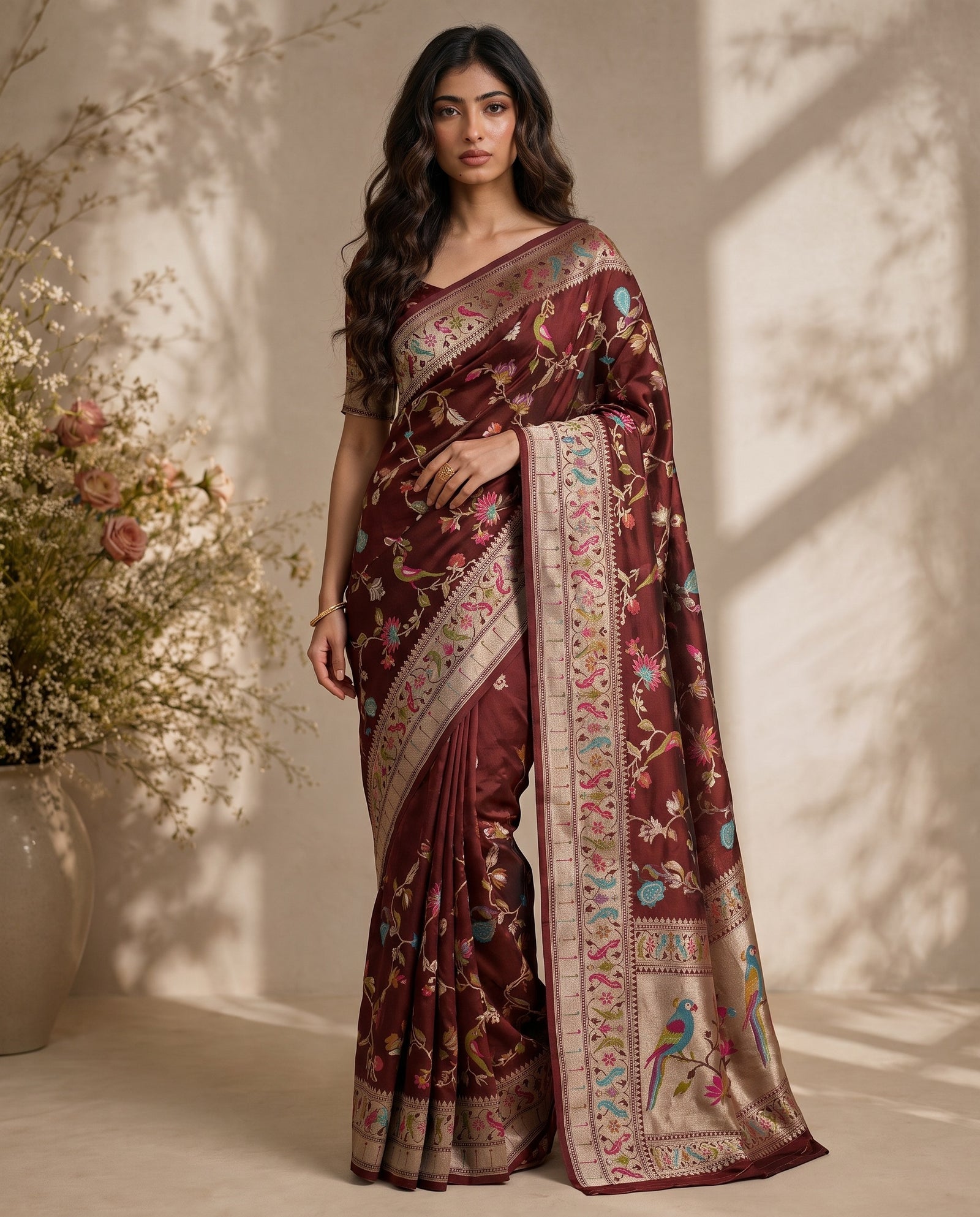 Full drape front view of chocolate brown pure satin silk saree
