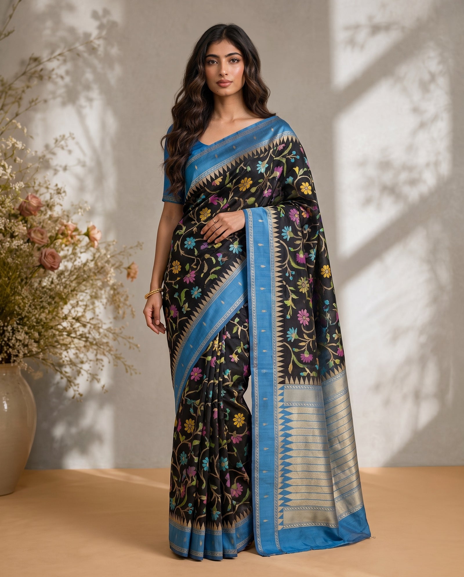 Full drape front view of pure kosa tussar saree in black and blue