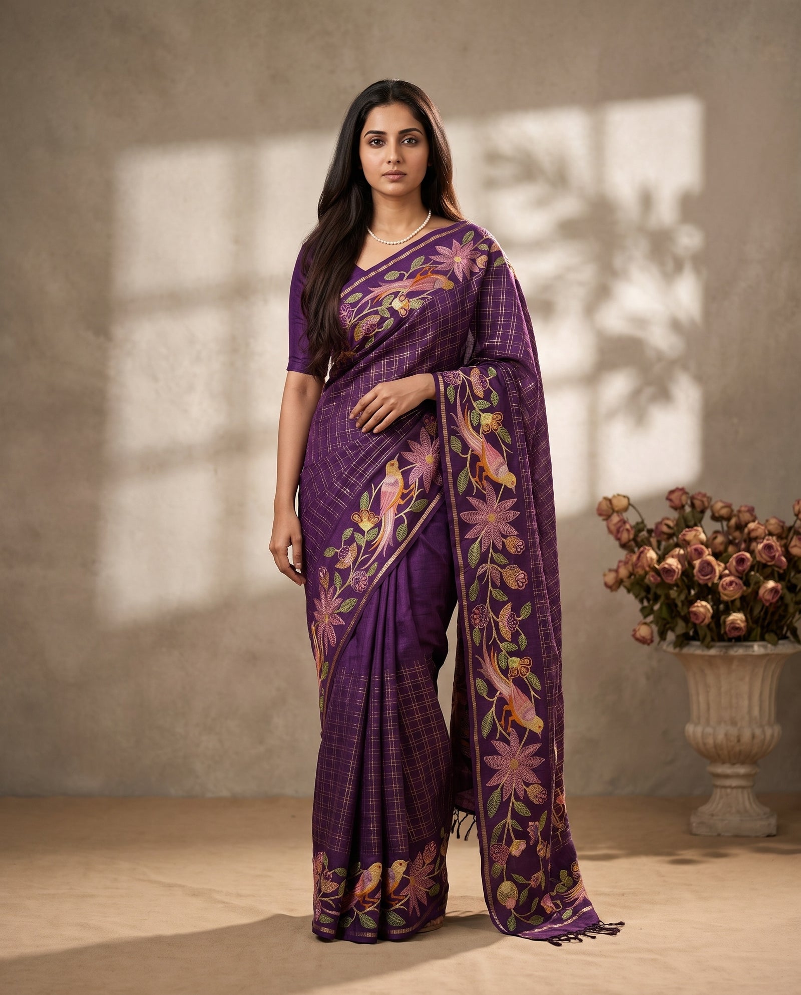 Pure Tussar purple saree draped full front view