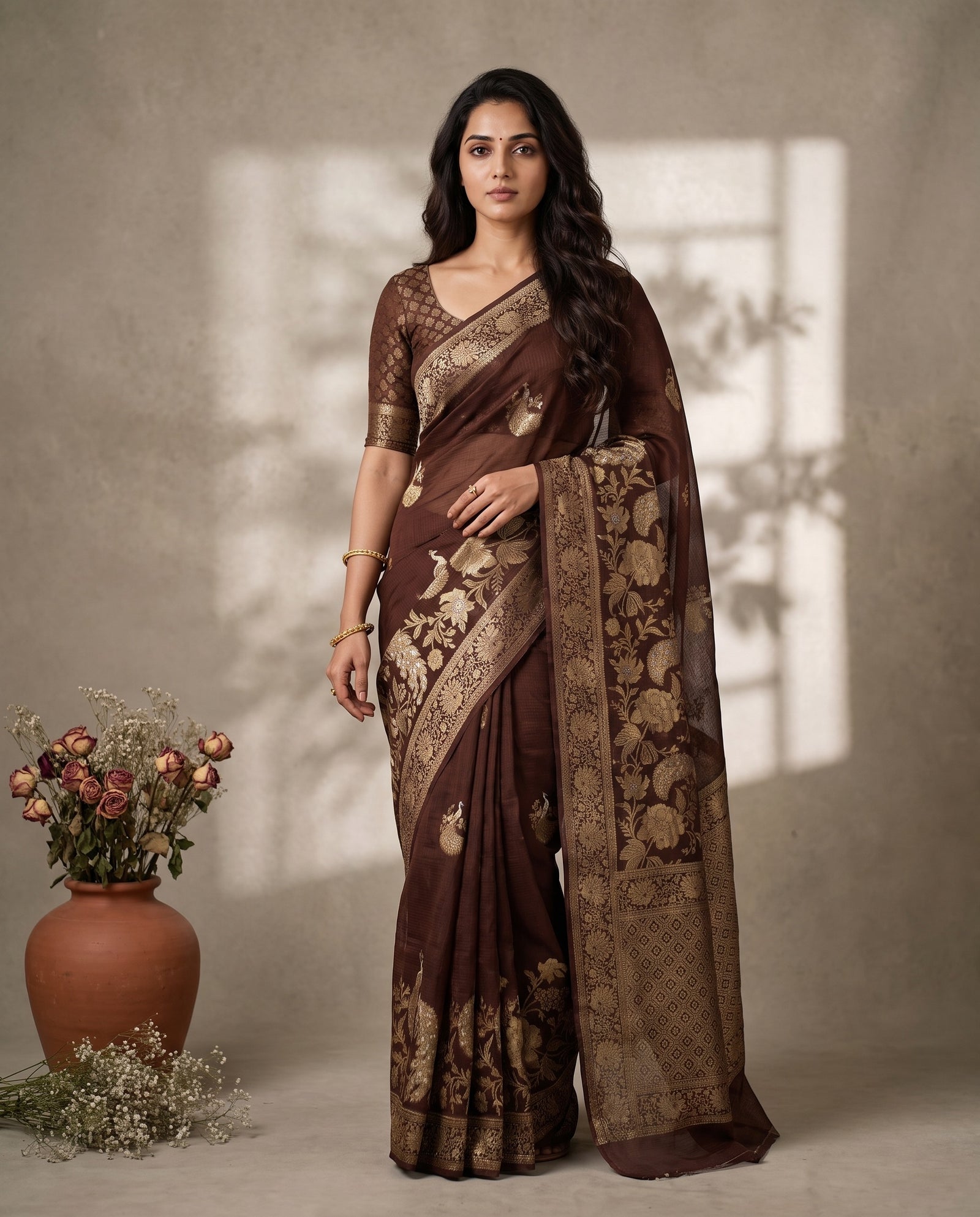 Full front drape of chocolate brown Pure Manipuri Kota saree with zari border