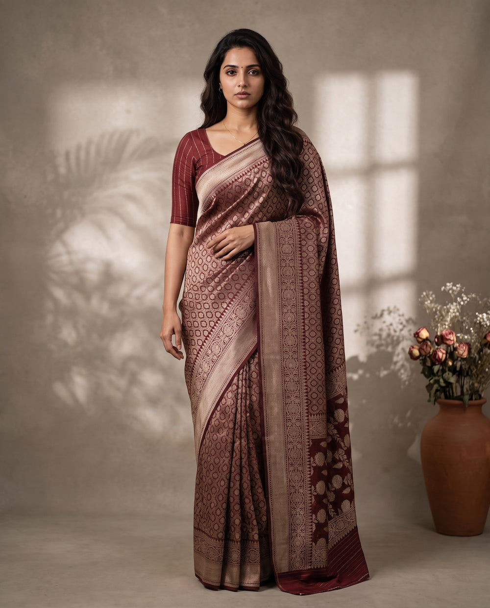 Maroon Pure Kora Banaras Saree