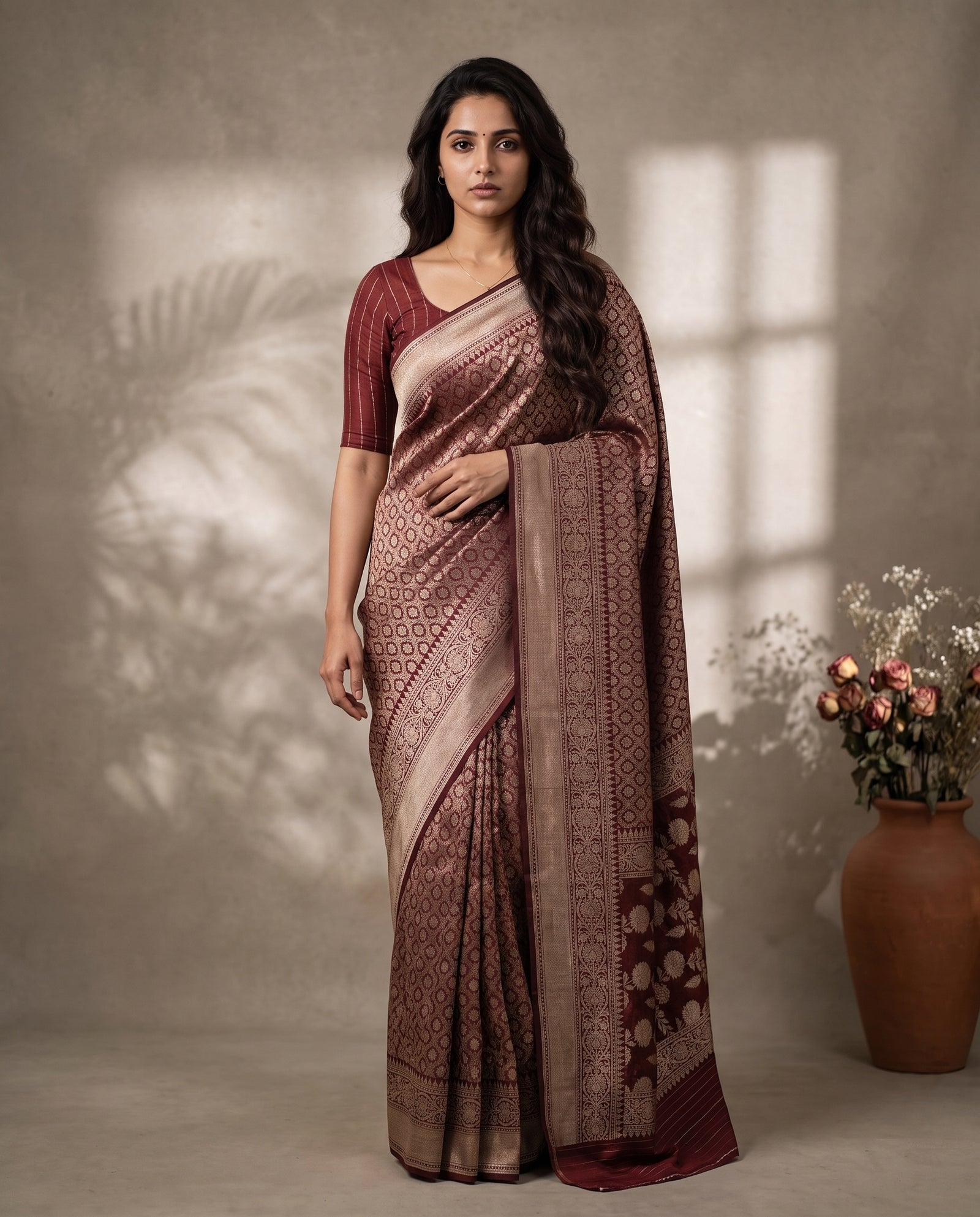 Full drape front view of maroon pure kora Banaras saree