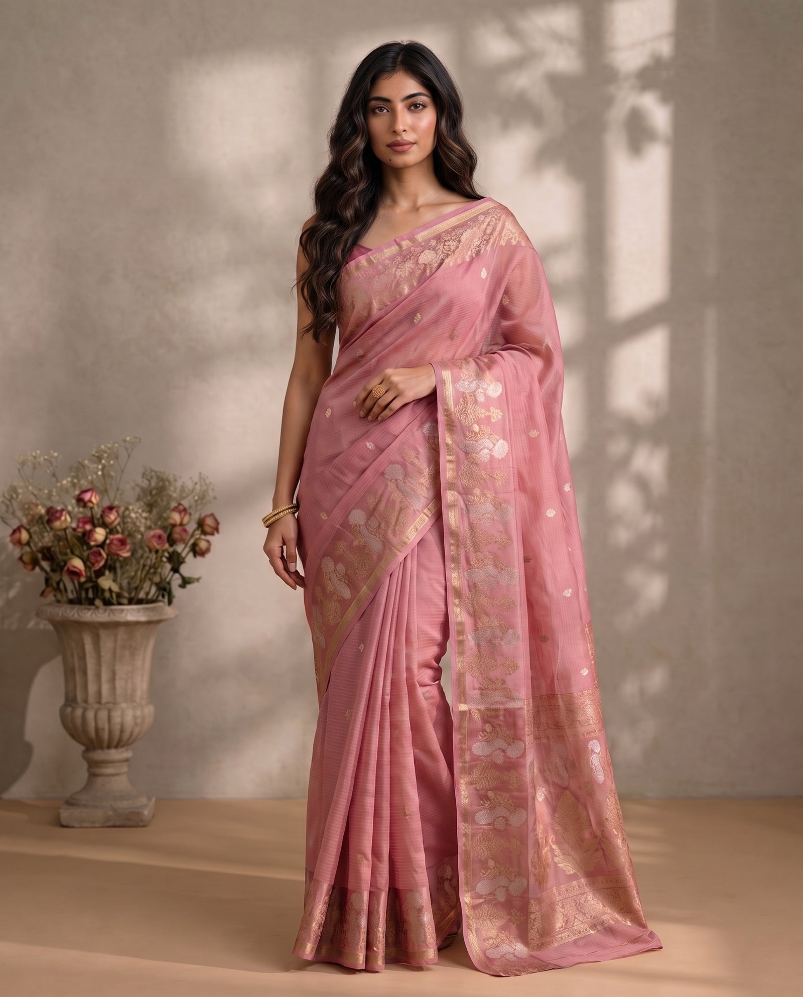 Three-quarter view of the pink Manipuri Kota saree