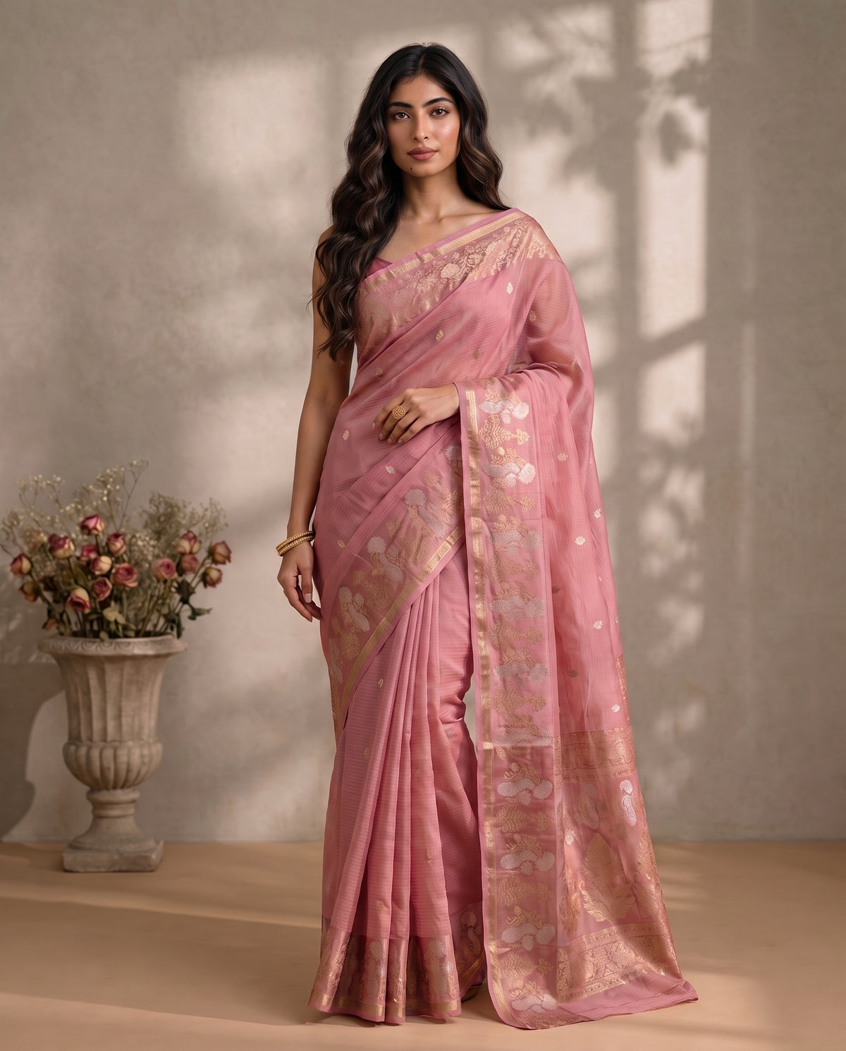 Three-quarter view of the pink Manipuri Kota saree