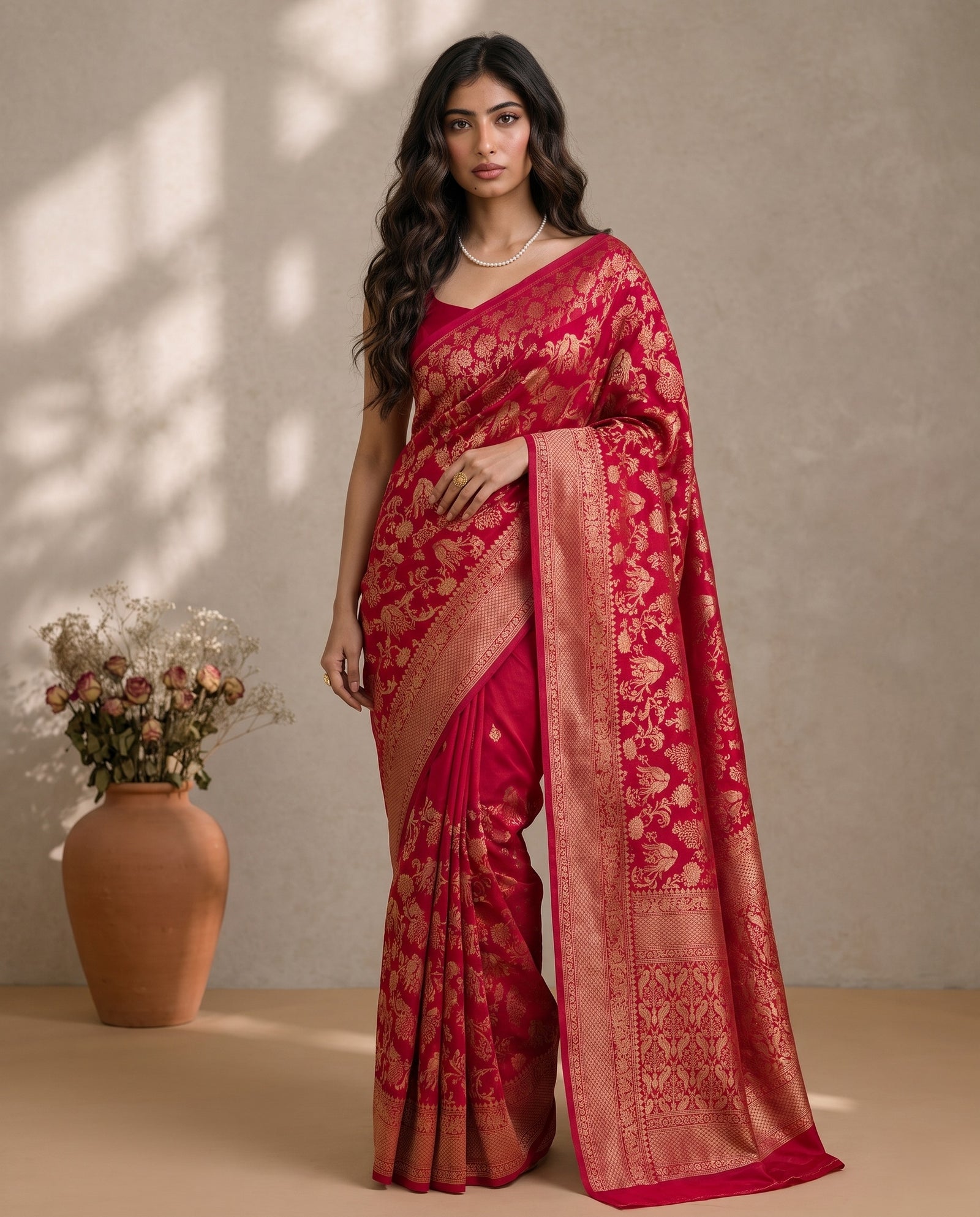 Three-quarter view of Mirchi Red Pure HO Silk saree