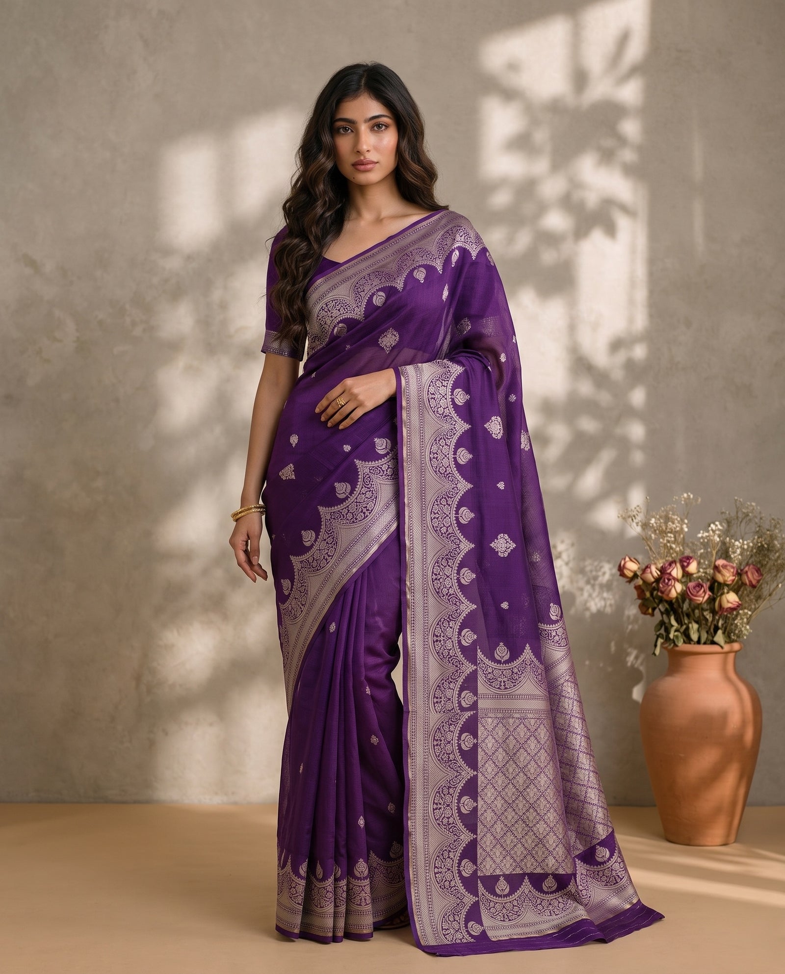 Three-quarter view of purple pure Manipuri Kota saree drape