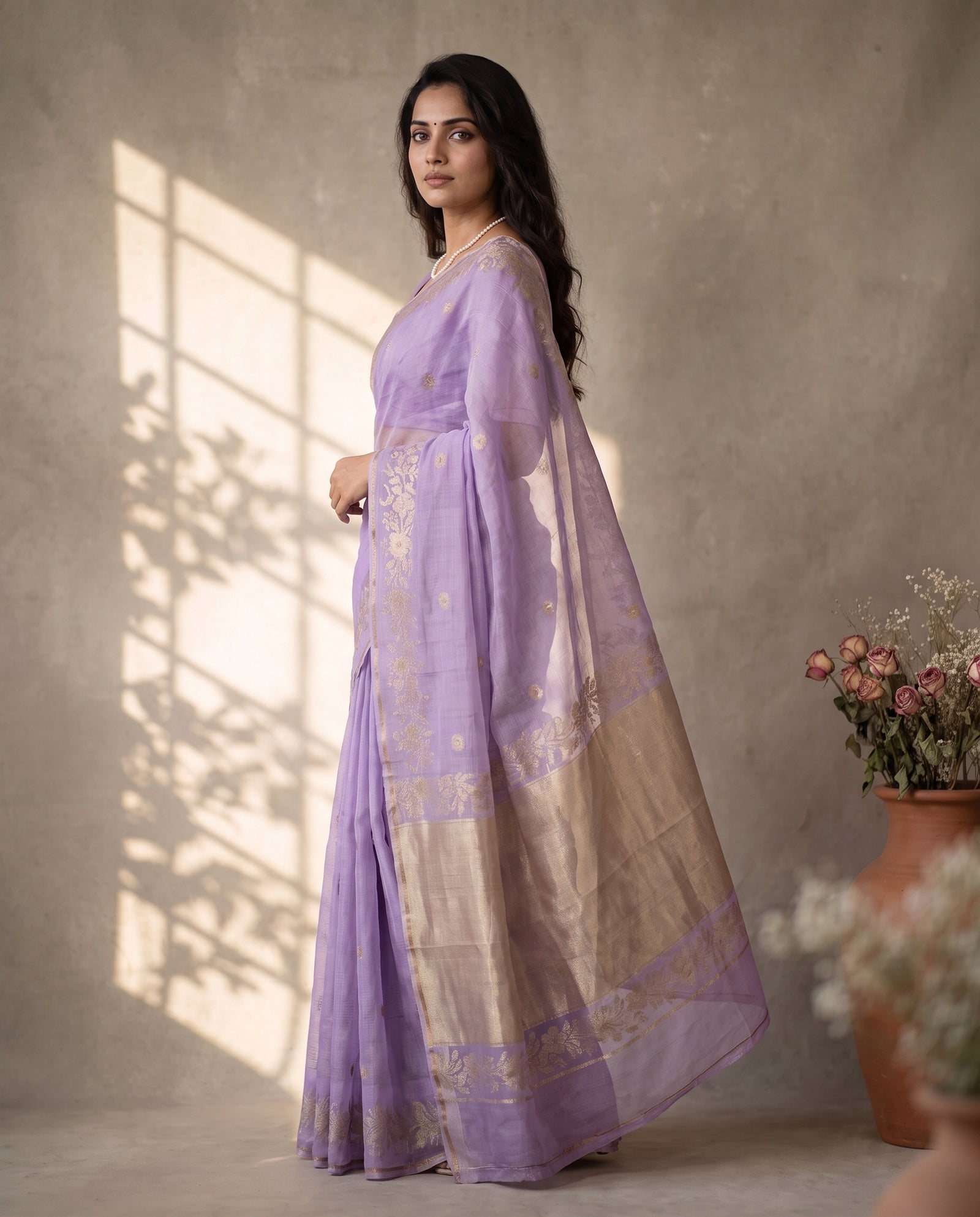 Three-quarter view of lavender pure Manipuri kota saree