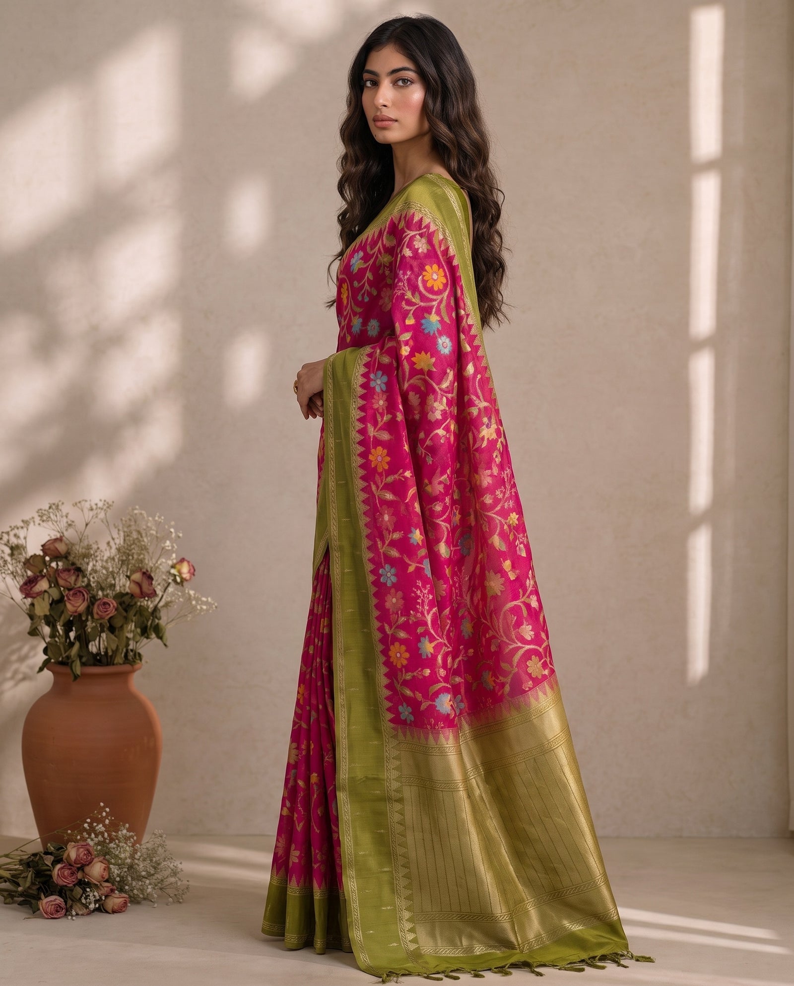 Three-quarter view of the draped pink pure kosa tussar saree