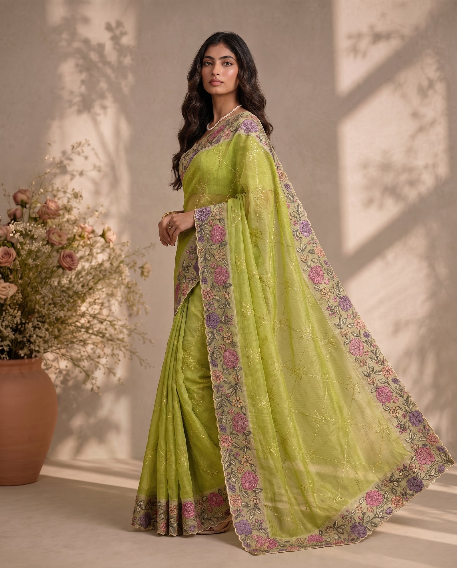 Three-quarter drape view of green pure kota silk saree with floral embroidered border