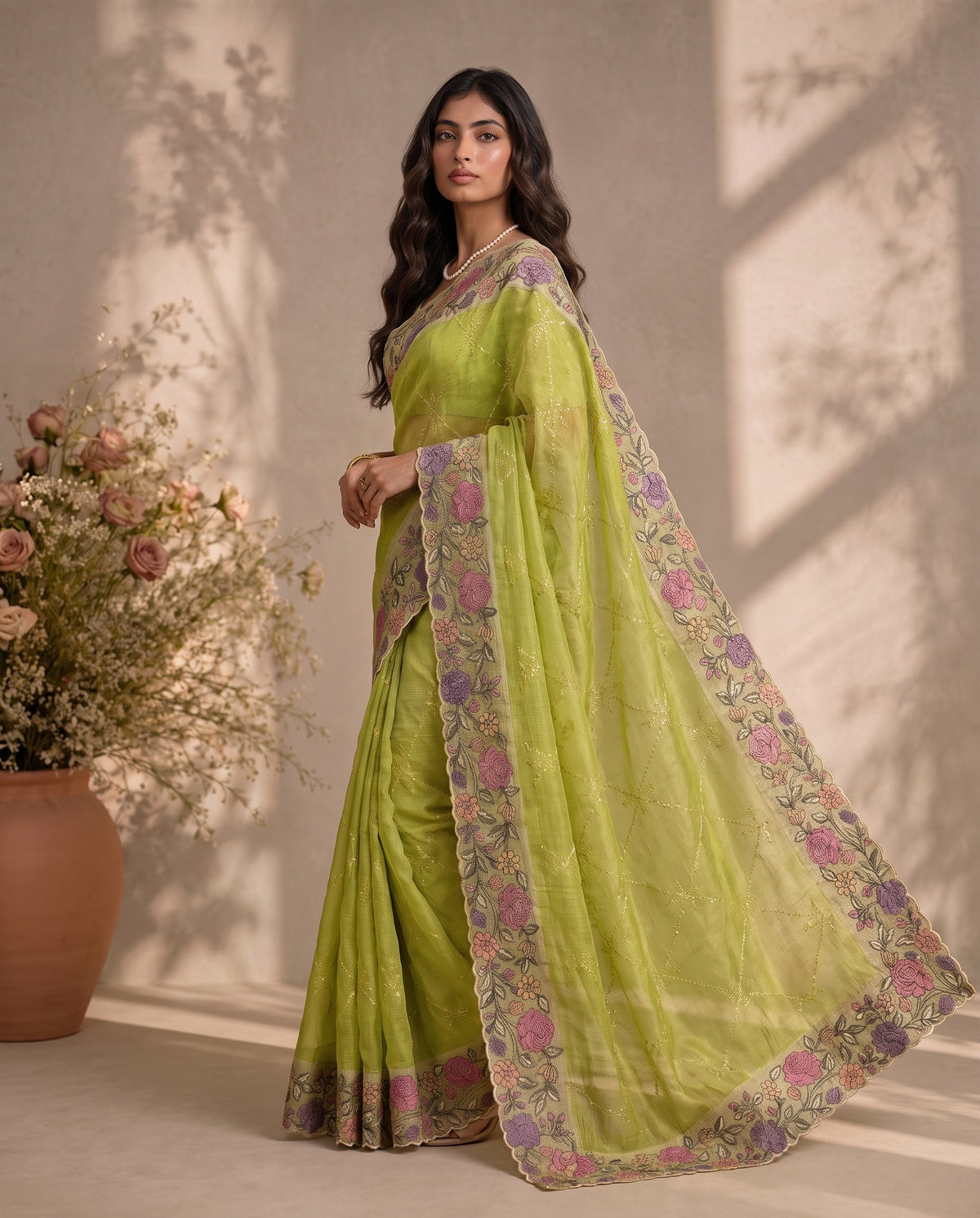 Three-quarter drape view of green pure kota silk saree with floral embroidered border