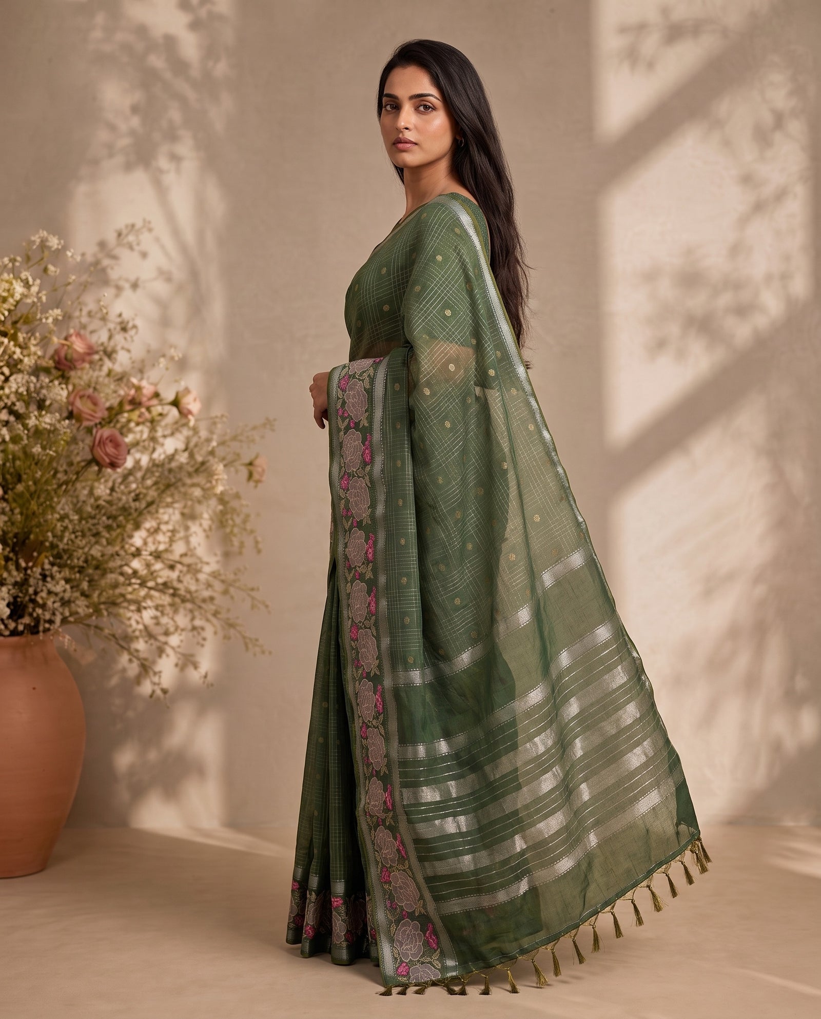 Three-quarter drape of green Mangalgiri cotton saree