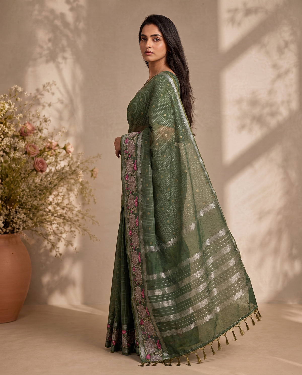 Three-quarter drape of green Mangalgiri cotton saree