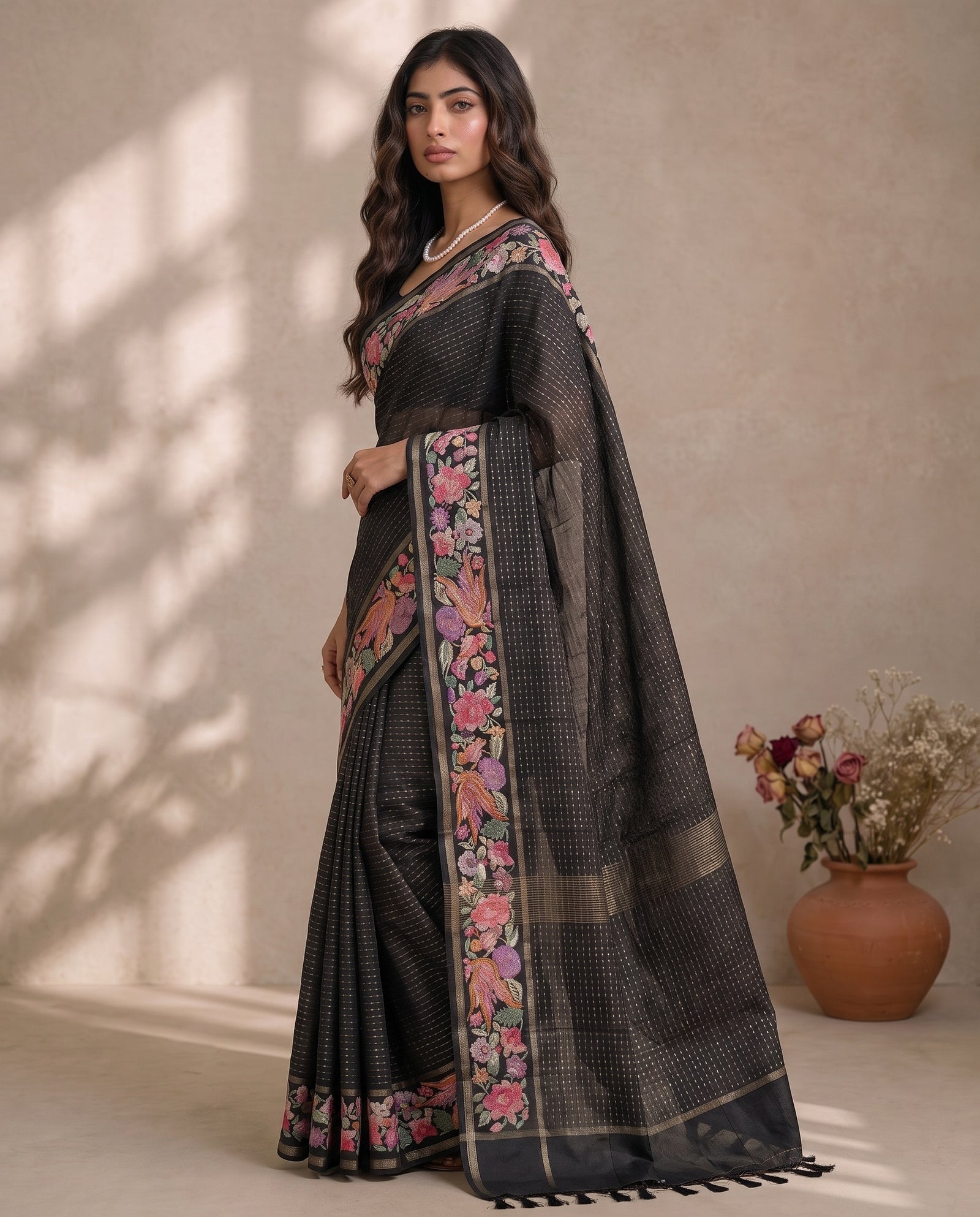 Black pure tussar saree three-quarter view showing body drape and border
