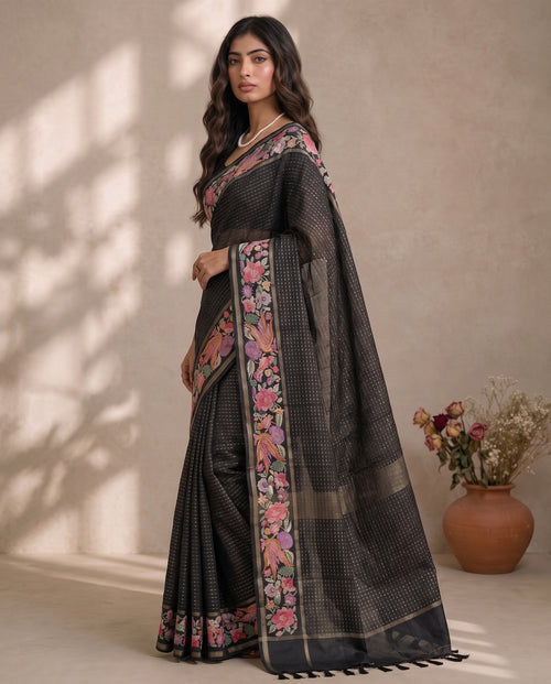 Black pure tussar saree three-quarter view showing body drape and border