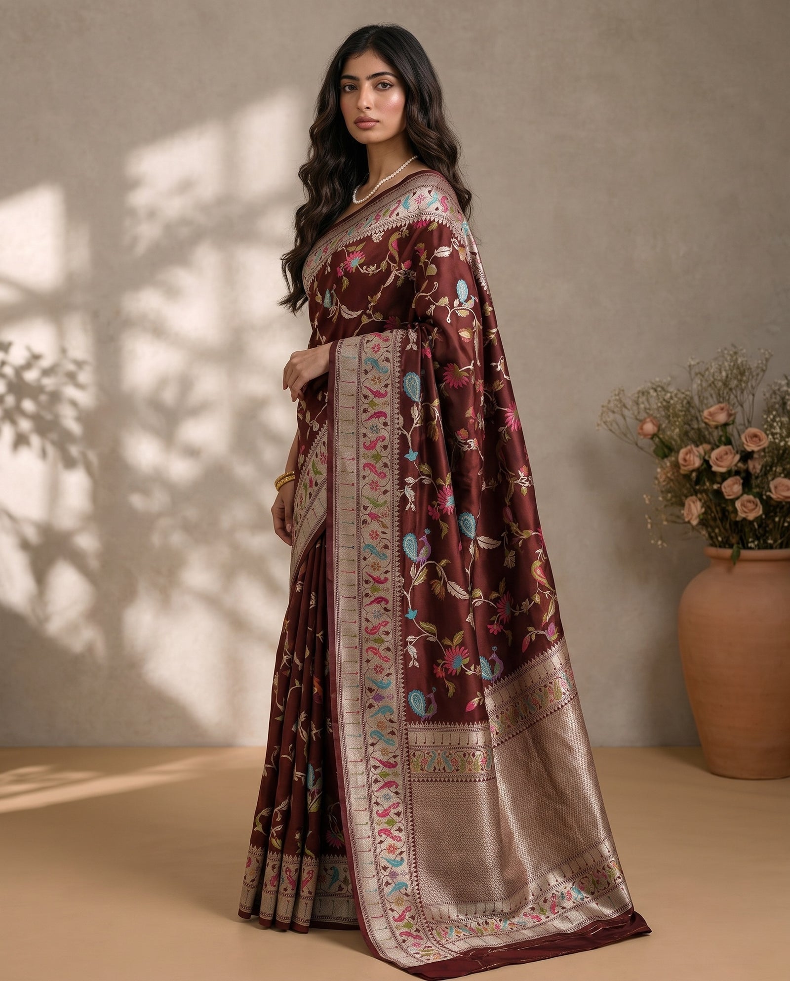 Three-quarter drape view showing jungle jaal weaving