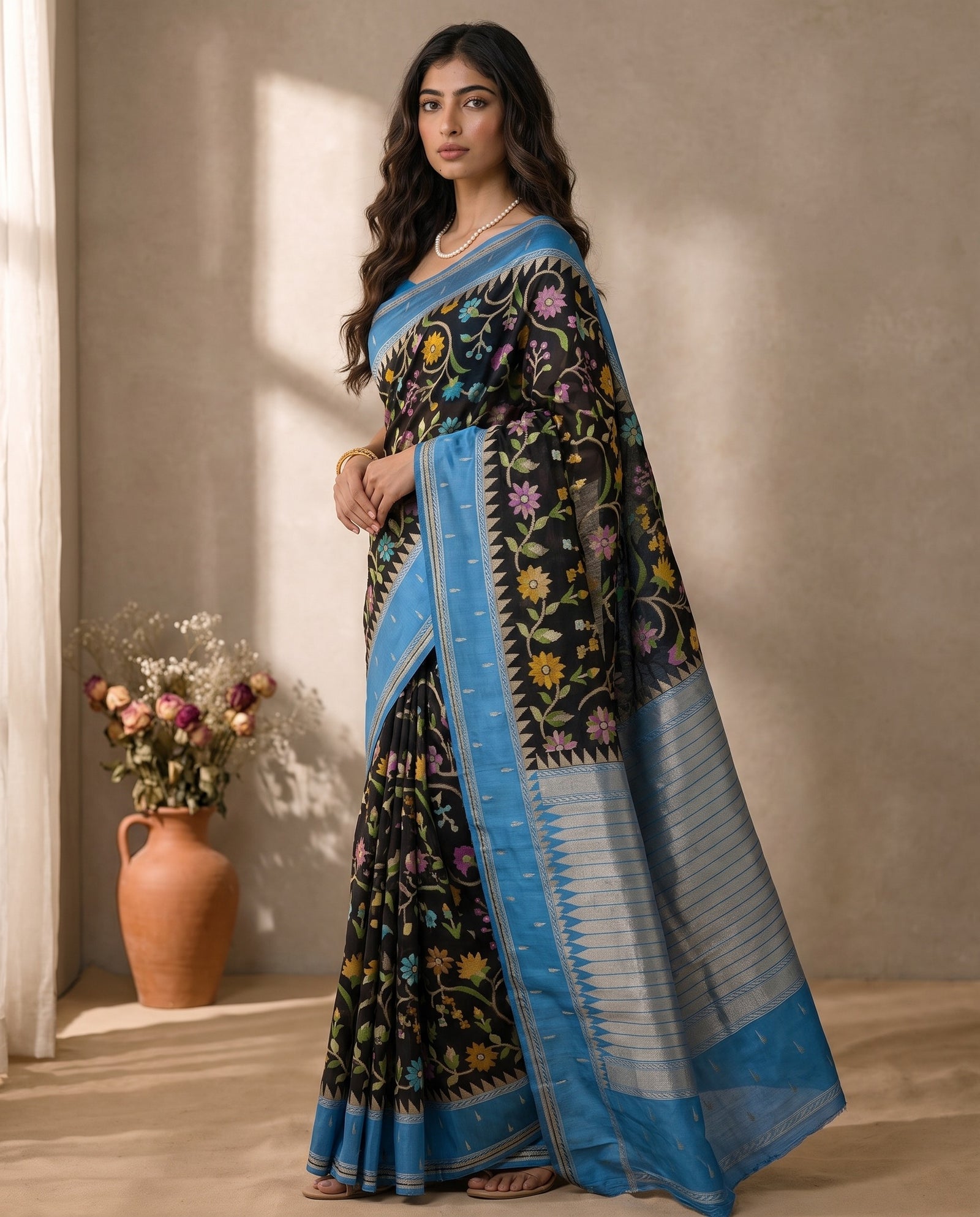 Three-quarter view of black and blue pure kosa tussar saree