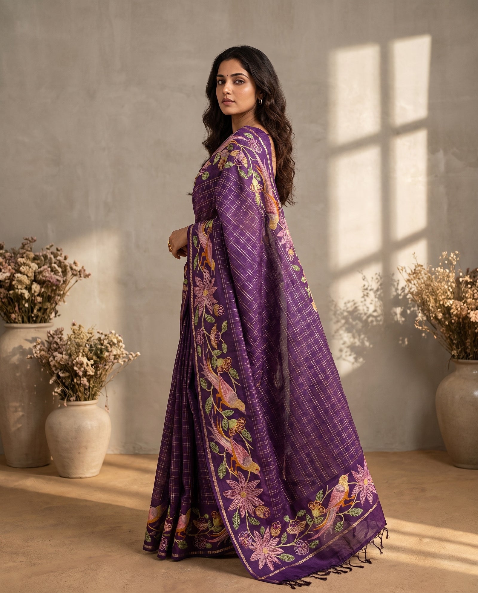Three-quarter view of purple Pure Tussar saree drape