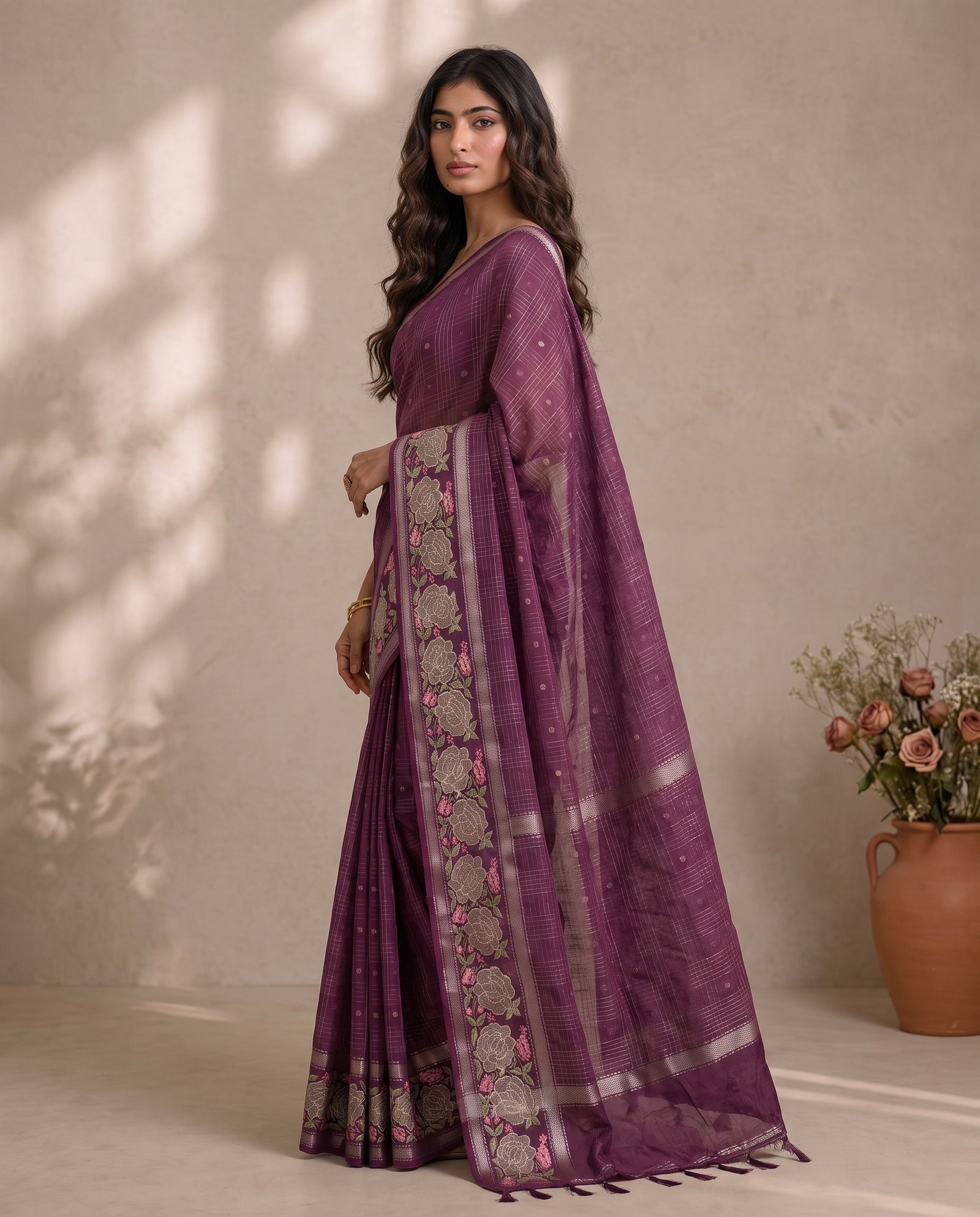 Three-quarter view of violet Mangalgiri cotton saree showing drape
