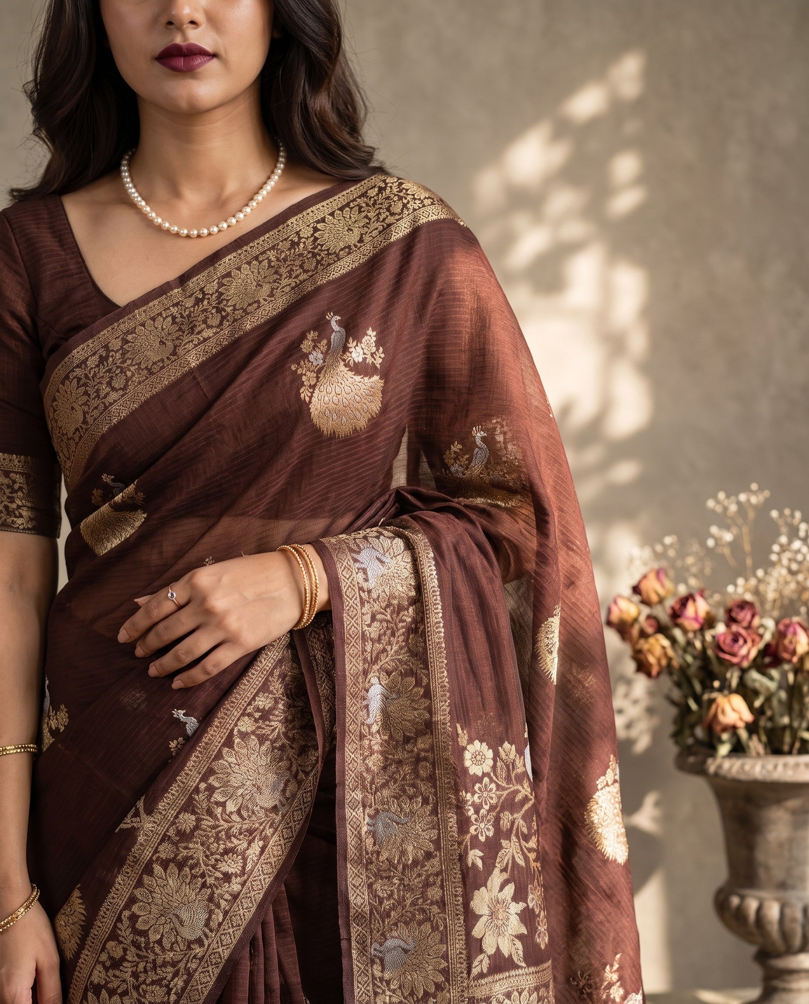 Three-quarter view of chocolate brown Manipuri Kota saree drape