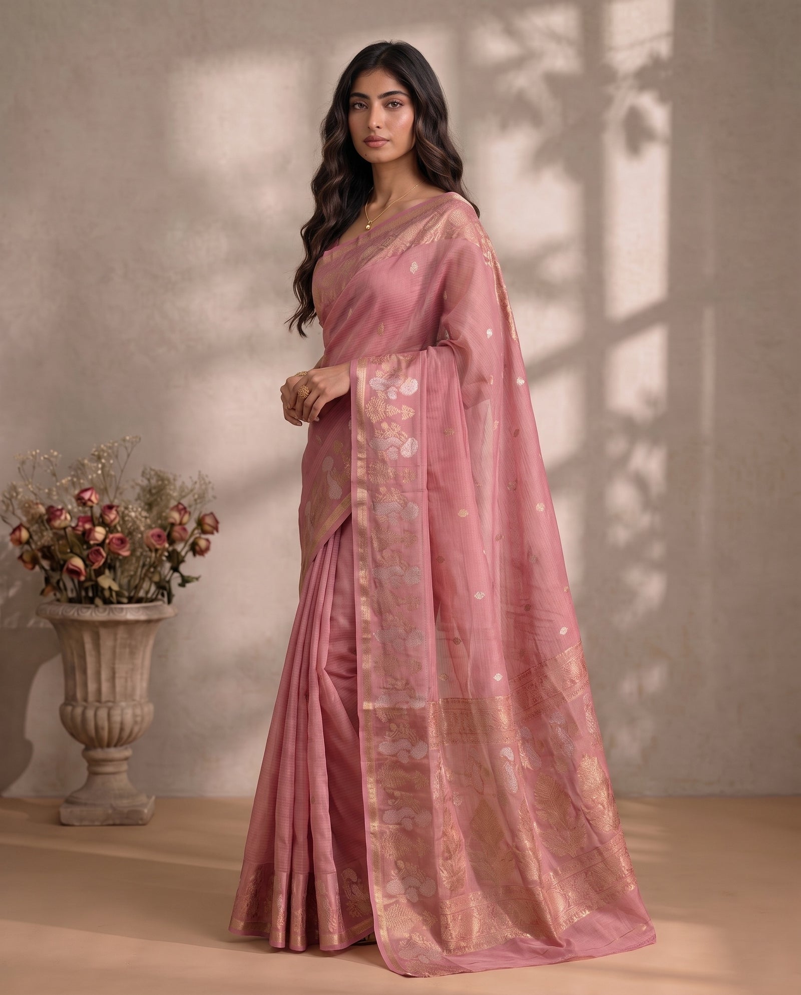 Back view of the draped pink Manipuri Kota saree
