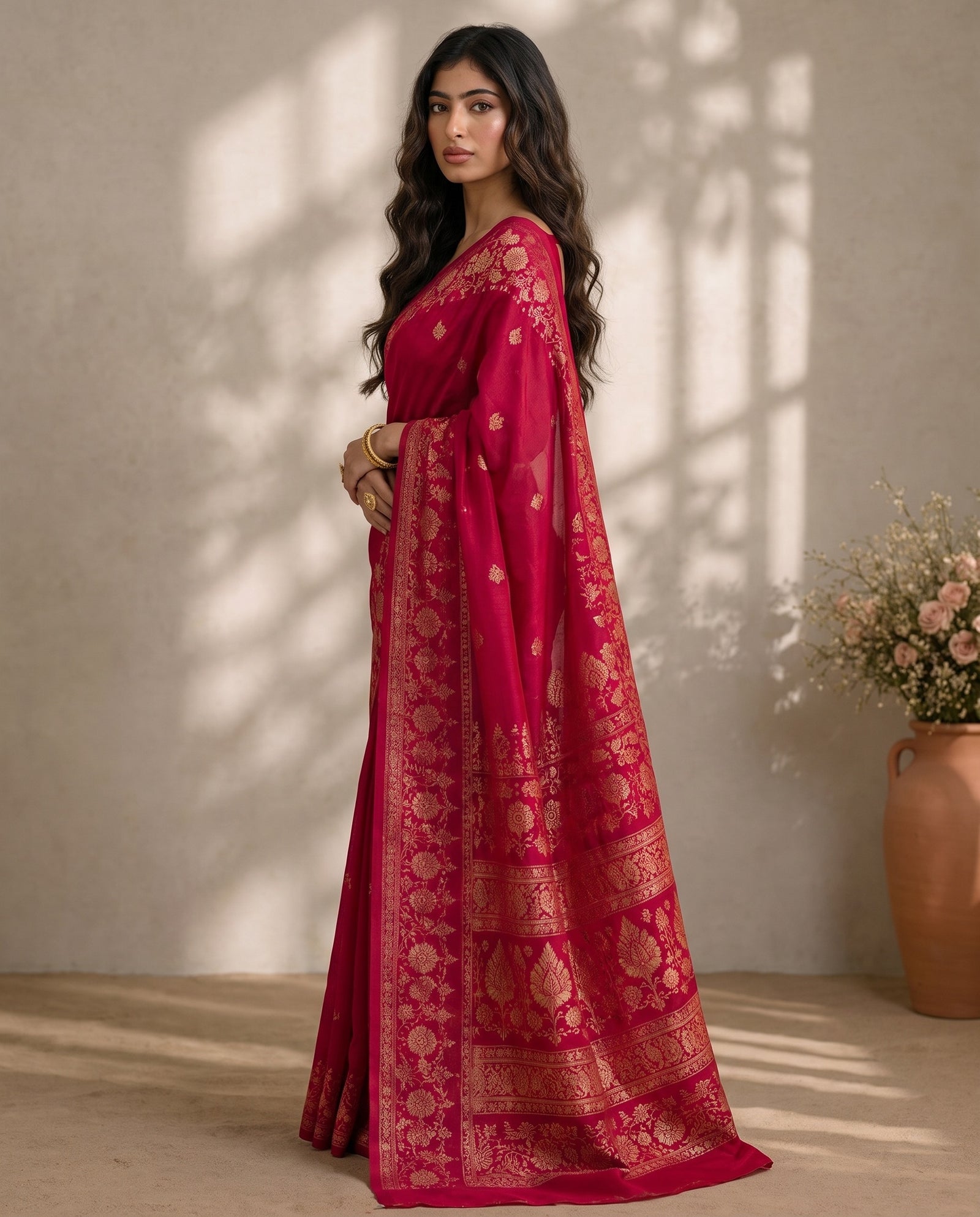 Back view of Mirchi Red Pure HO Silk saree drape
