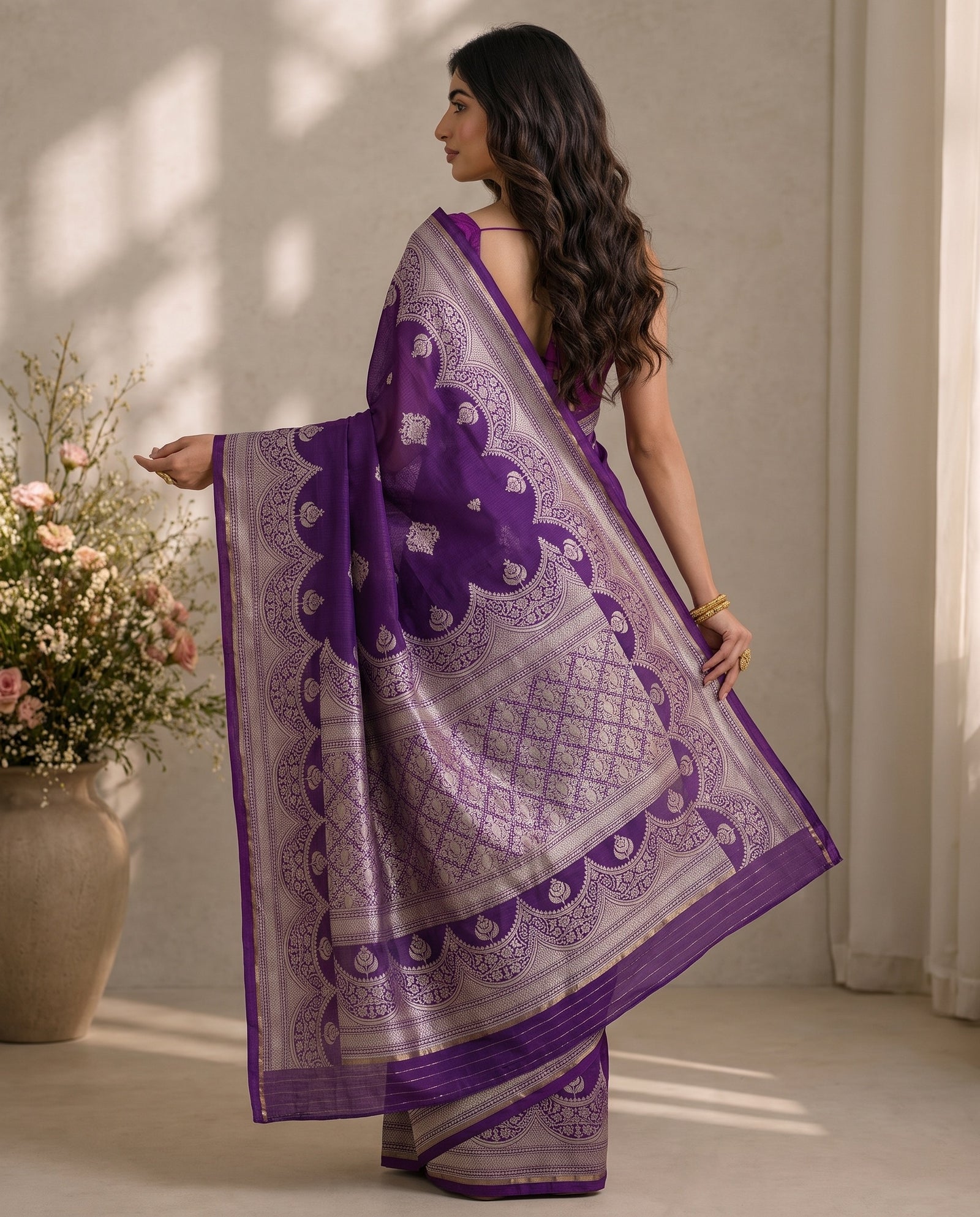 Back view of purple pure Manipuri Kota saree
