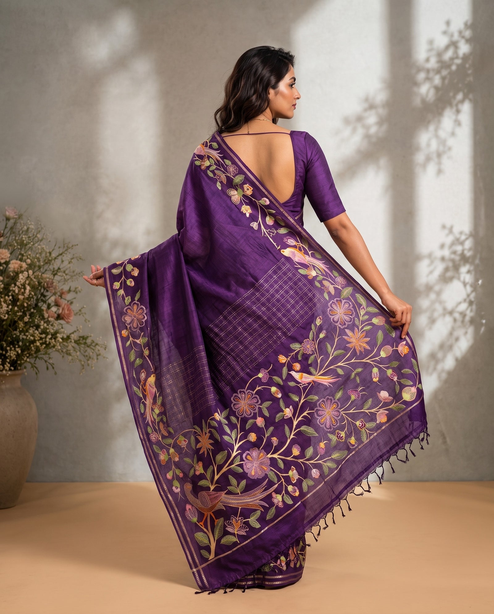 Back drape view of purple Pure Tussar saree