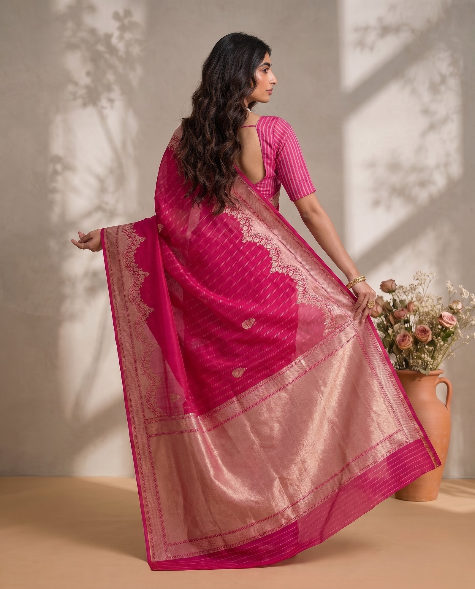 Back view drape of pink pure kora organza saree