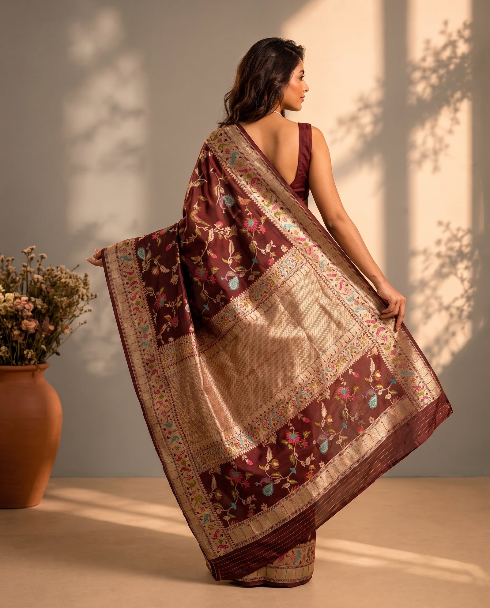 Back view of draped chocolate brown satin silk saree