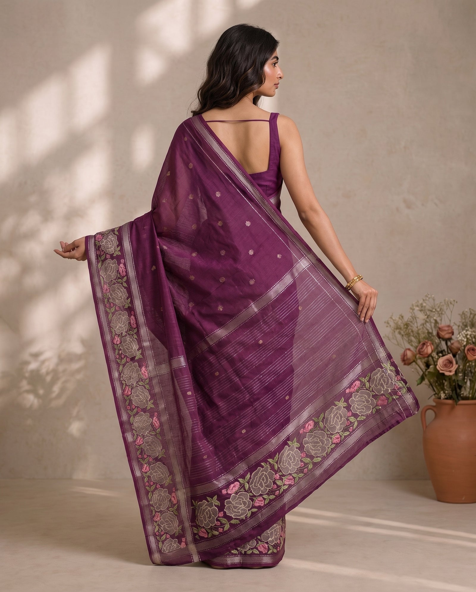 Back drape view of violet pure Mangalgiri cotton saree
