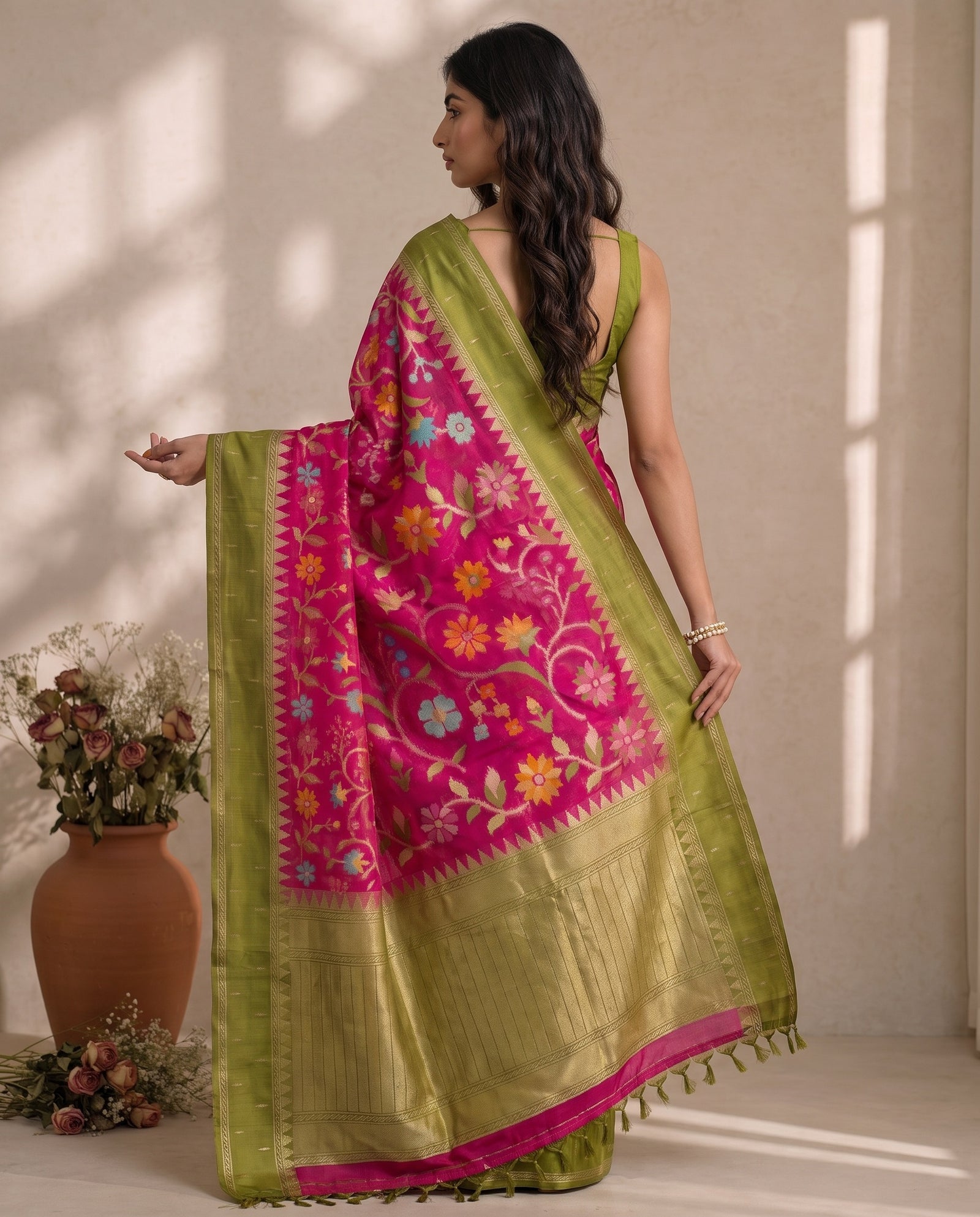 Back view showing the drape and pallu placement of the pink pure kosa tussar saree