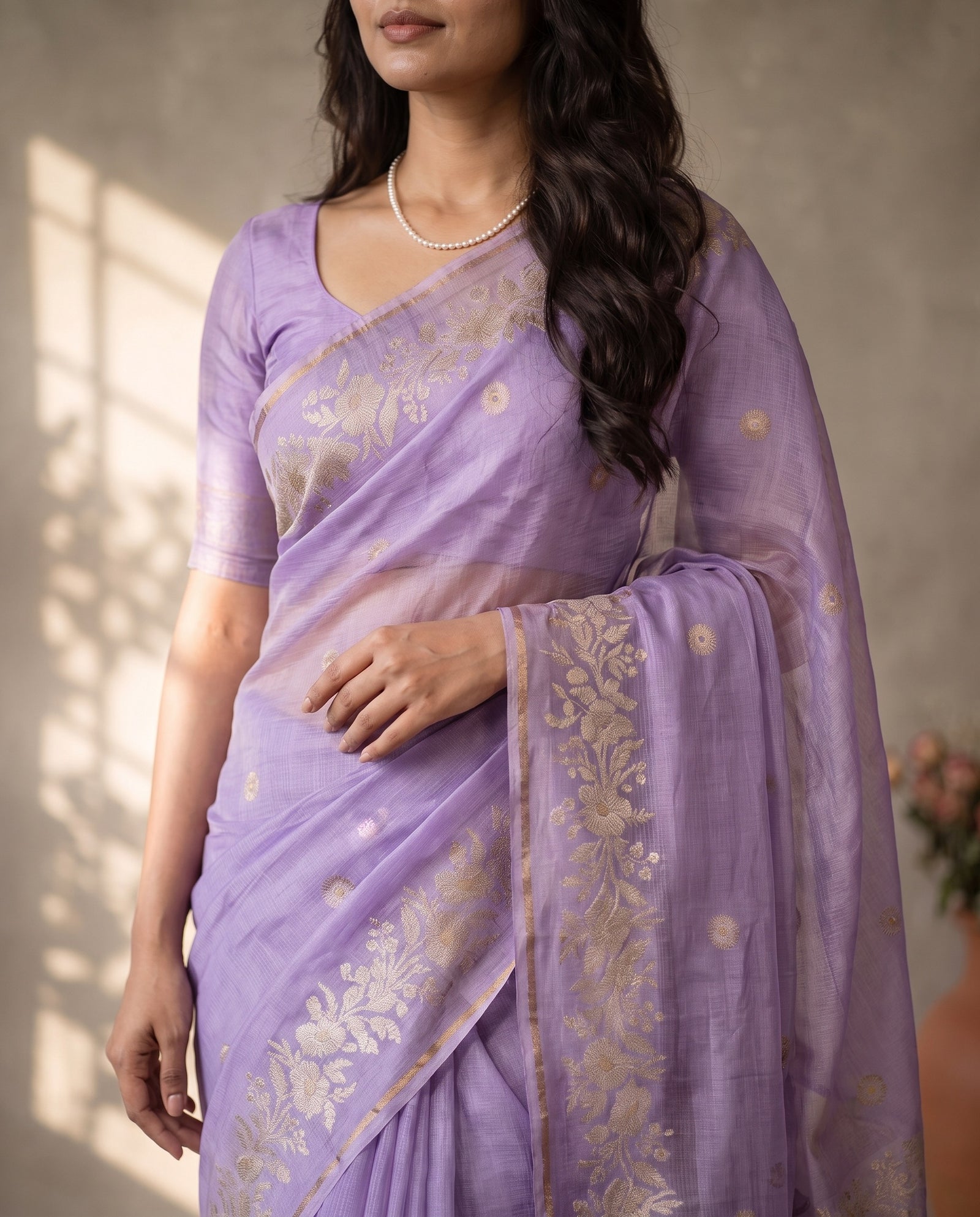 Back view drape of lavender pure Manipuri kota saree