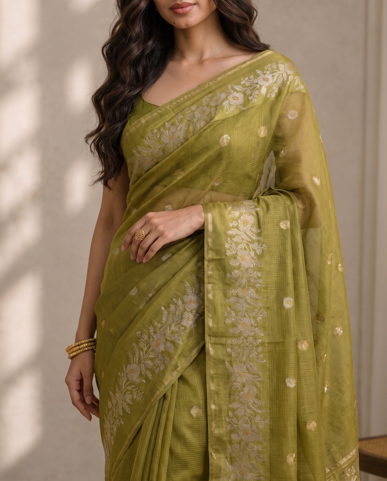 Back view drape of olive green pure Manipuri Kota saree