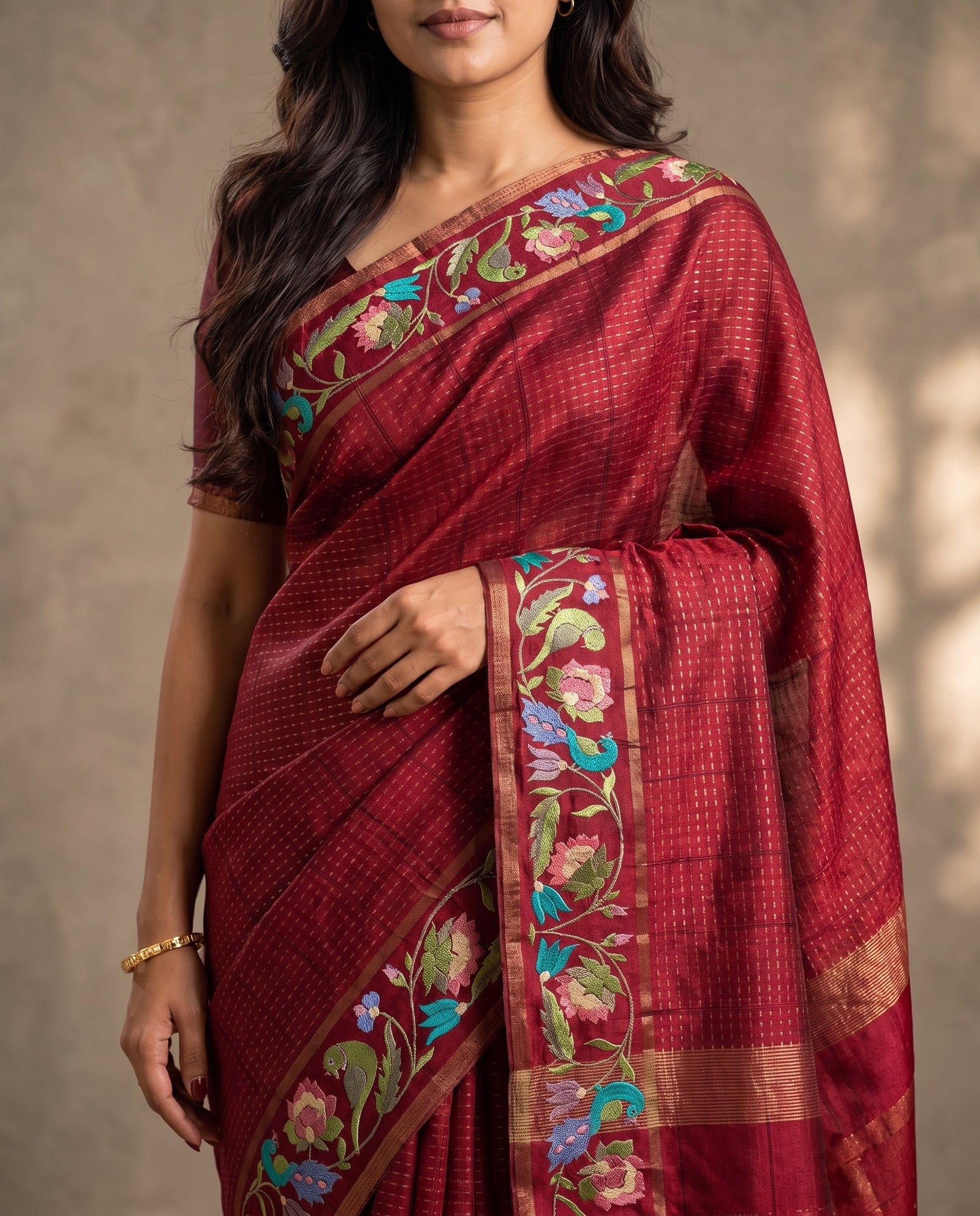 Back drape view of deep pink pure Kosa Tussar saree
