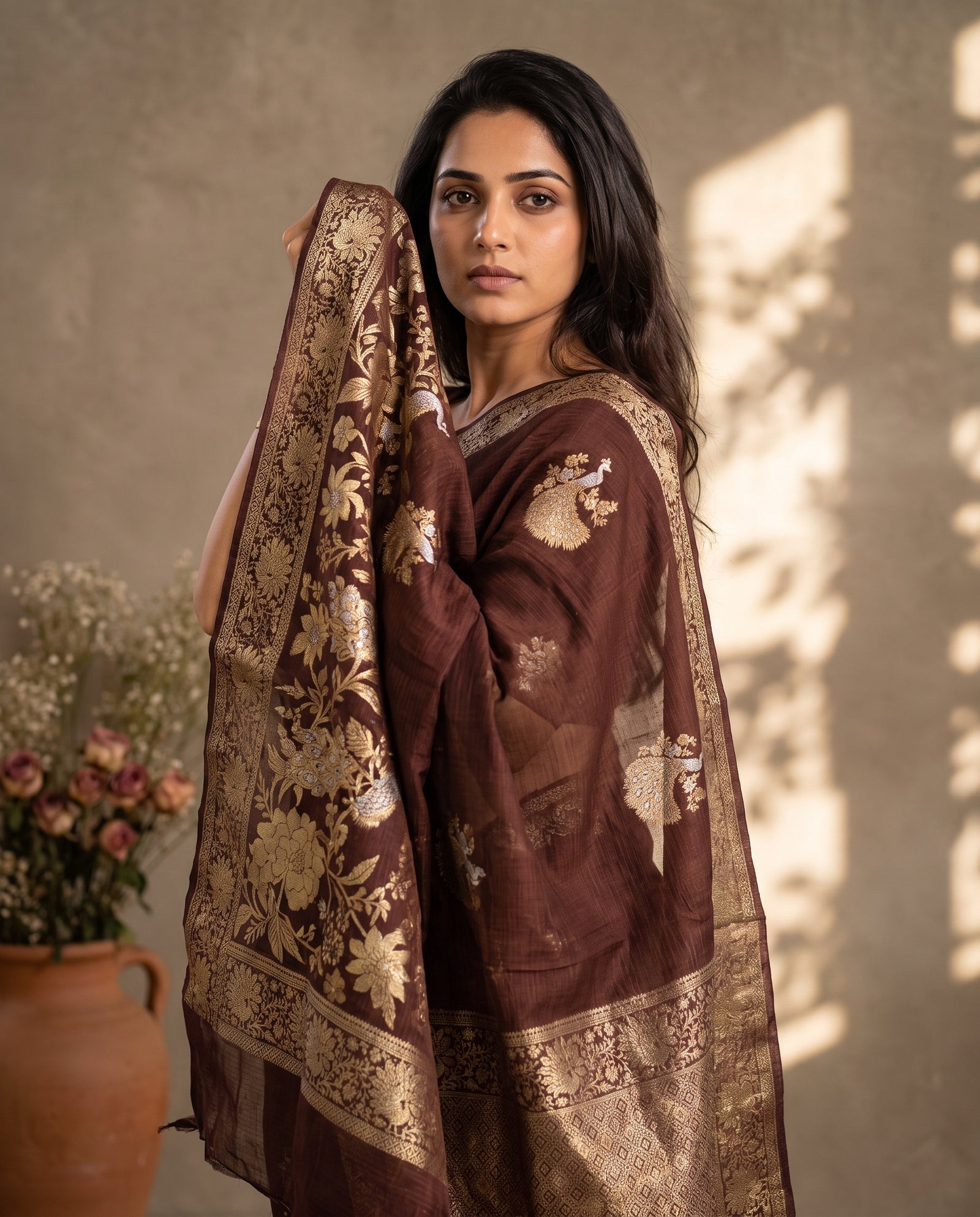 Back drape view of chocolate brown Manipuri Kota saree