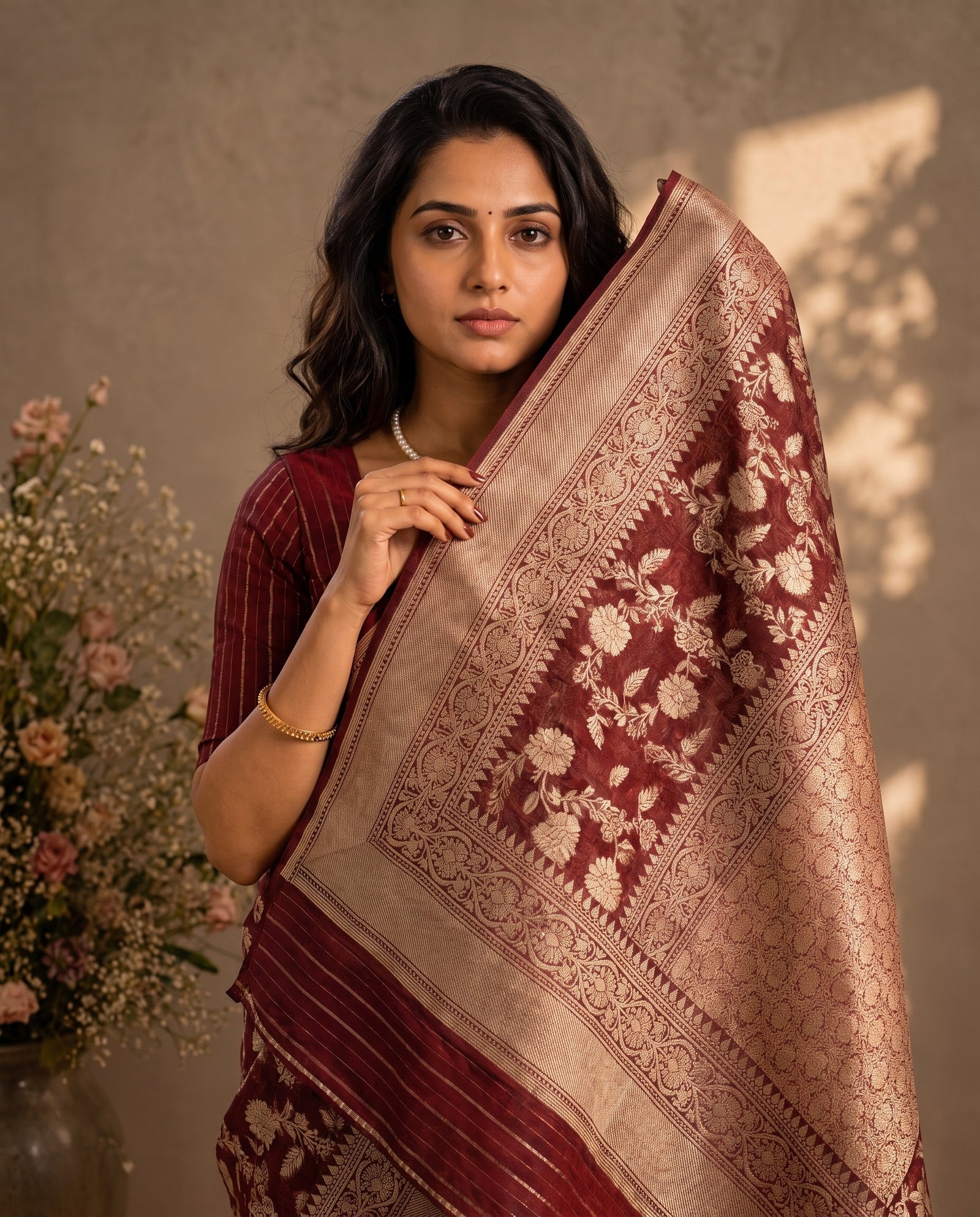 Back view of maroon pure kora Banaras saree drape