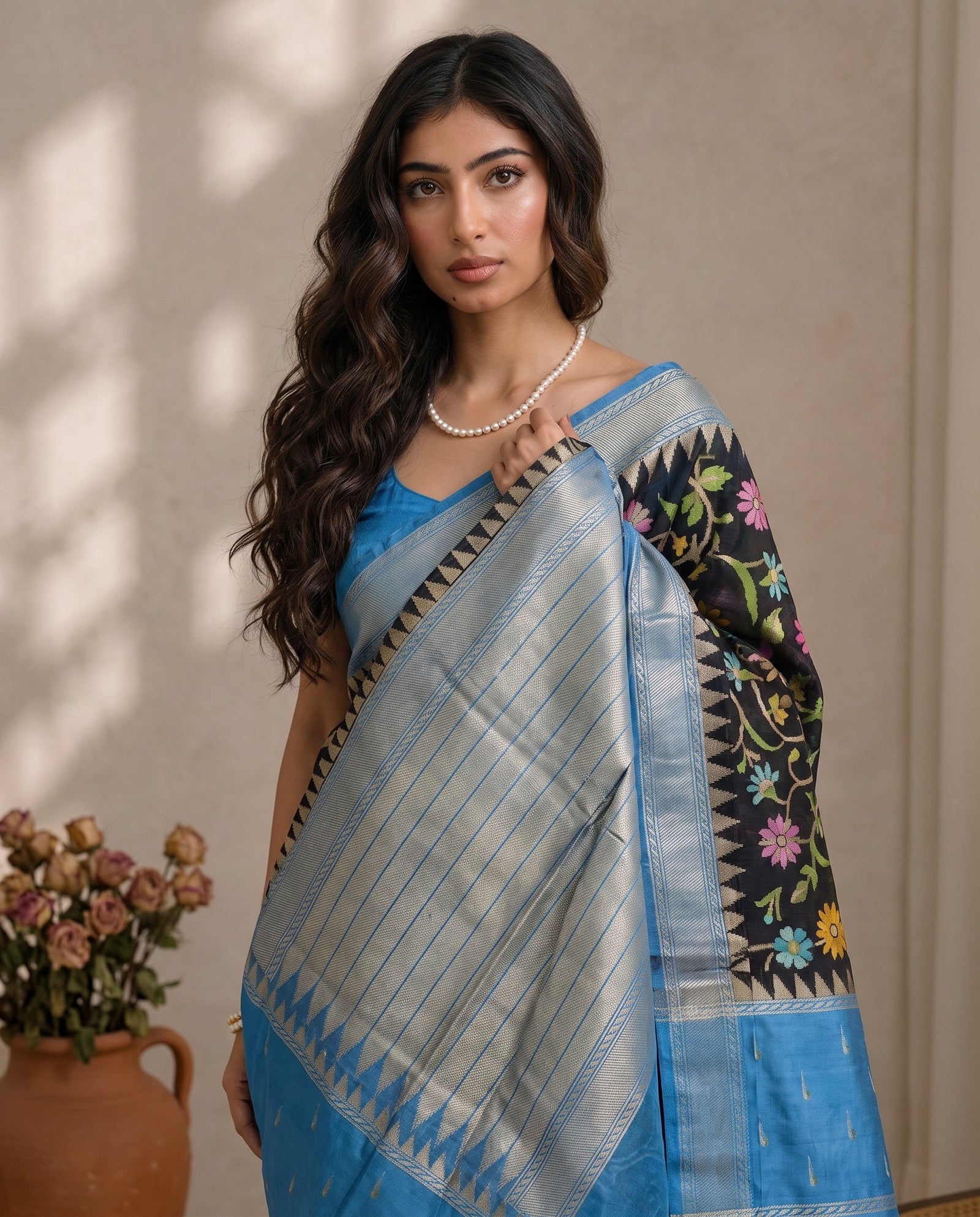 Back view of draped pure kosa tussar saree