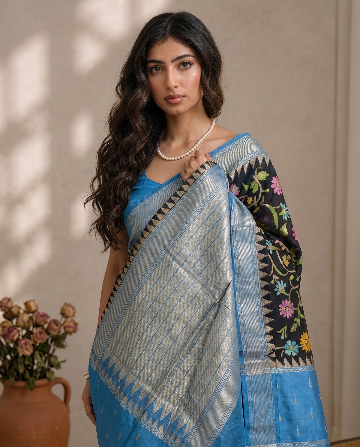 Back view of draped pure kosa tussar saree